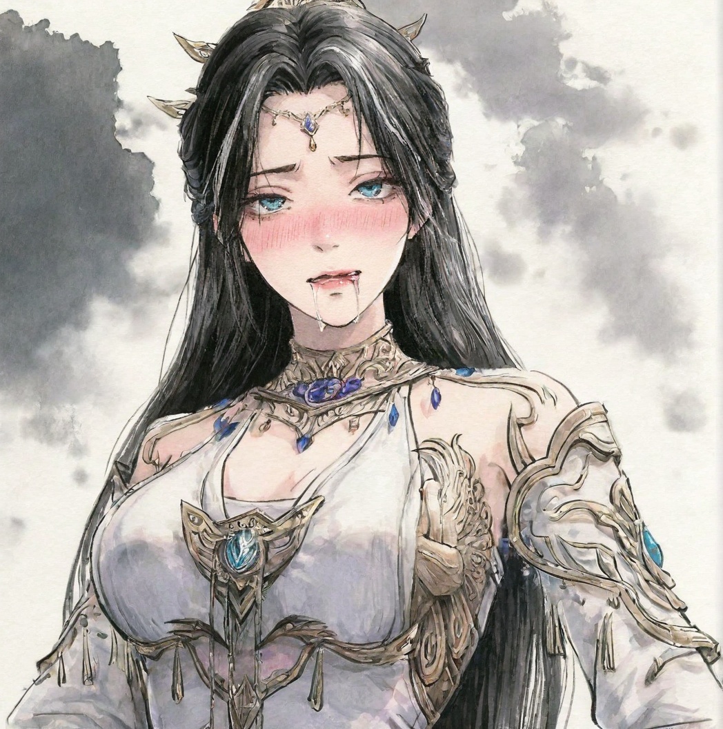 ((very awa)),solo,highly detailed,(best quality),((masterpiece)),1girl,chi,<lora:chi正则100nbXL:0.7>,painting \(medium\),watercolor \(medium\),ge,<lora:鸽正则nbXL:0.3>,<lora:魔女完美nbXL:0.7>,monv,long hair,black hair,dress,hair ornament,white dress,upper body,blue eyes,detached sleeves,drooling,rolling_eyes,blush,drooling,