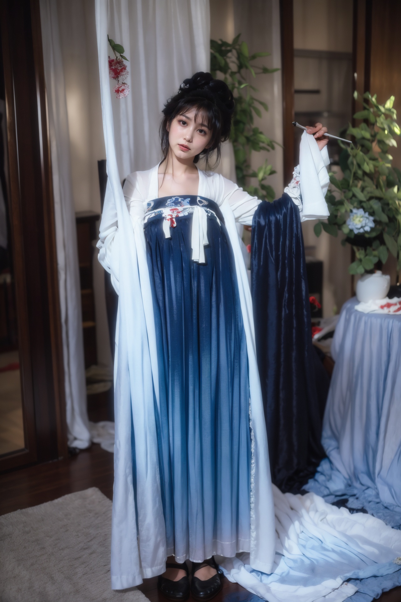 masterpiece,best quality,ultra high res,<lora:aw13xin_lora:1>,chinese clothes,hanfu,.,<lora:13lanhanfu:1>,masterpiece,best quality,ultra high res,a sensual woman with ample bosom dressed in black stockings and a seductive negligee,