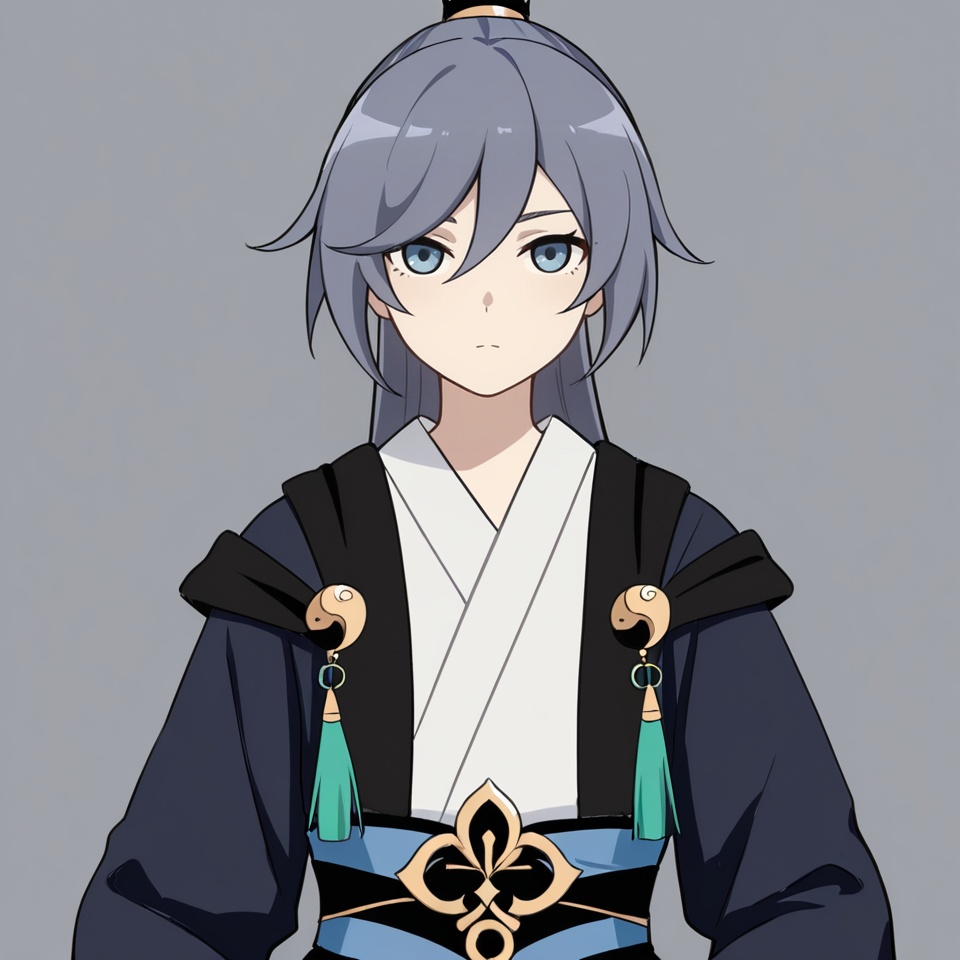 masterpiece, best quality,grey background,looking at viewer,SOLO,simple background,    canzhuo_style, fu_hua, ponytail, hanfu, long sleeves,ornament,Chinese clothes,taoist robes, boots,gold_trim,jewelry,Tassel<lora:餐桌道袍-ill2pro:0.8>