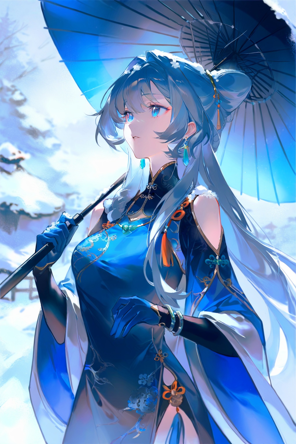 (masterpiece),(best quality),1girl, solo, umbrella, holding_umbrella, shoulder_cutout, long_hair, holding, gloves, blue_gloves, blue_eyes, dress, jewelry, hair_bun, snow, chinese_clothes, necklace, earrings, sky, outdoors