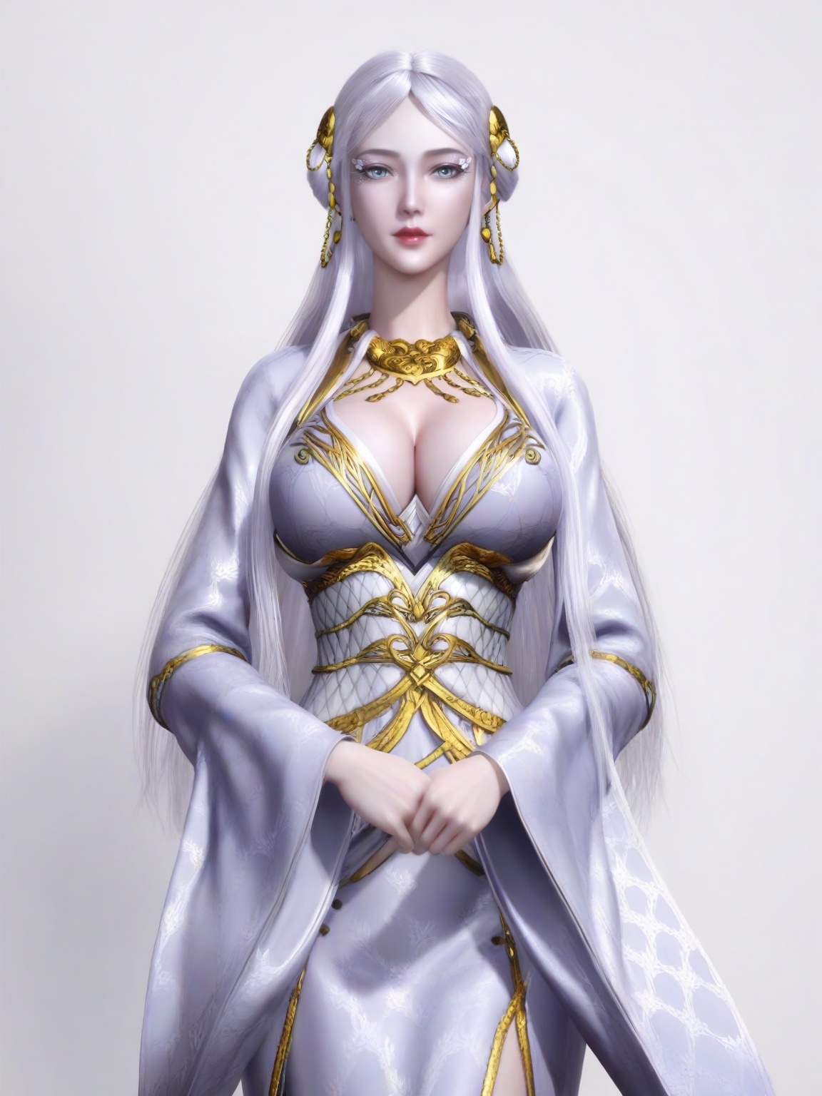 score_9,<lora:SF_BaiLong_Pony_Realism2.3-000005:0.7>,1girl,solo,dress,long hair, lipstick,earrings,eyelashes,large breasts, hair ornament,standing,wide sleeves, looking at viewer,white background,simple background,cowboy_shot,