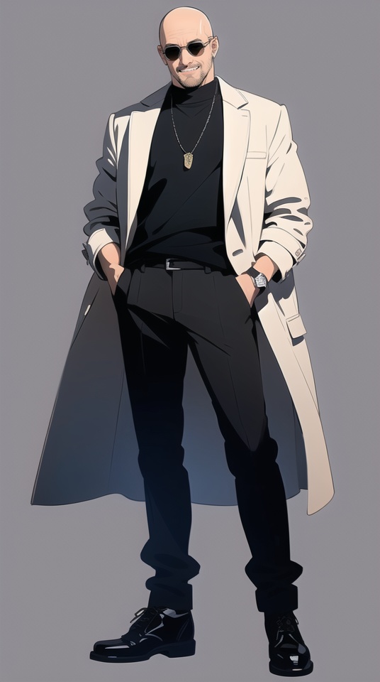 (best quality), ((masterpiece)), (highres), illustration, original, extremely detailed,jjj, 1boy, bald, solo, sunglasses, male focus, smile, white background, black footwear, jewelry, black pants, simple background, pants, shirt, necklace, full body, black shirt, hands in pockets, facial hair, watch, wristwatch, shoes, standing, coat, grin, alternate costume
