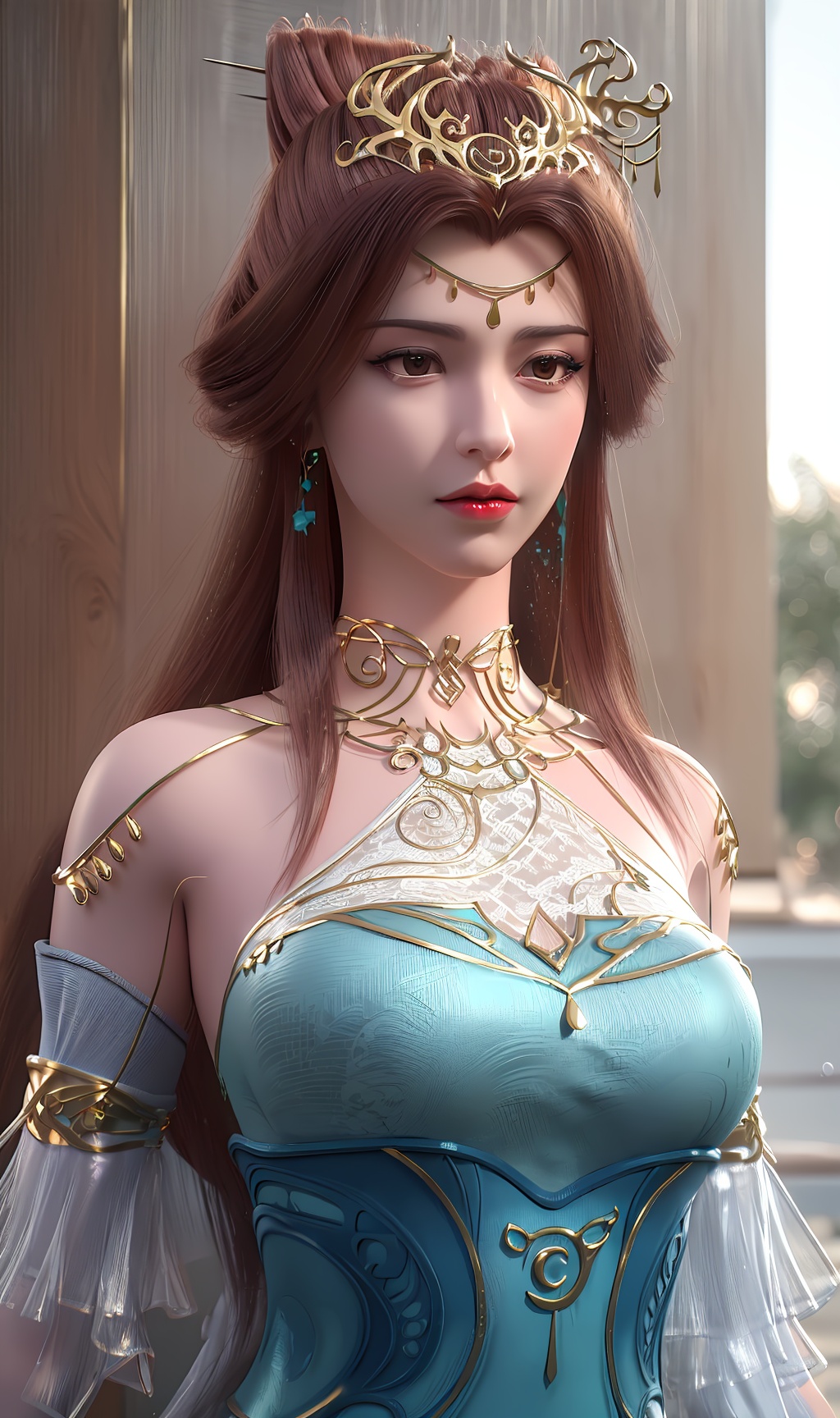 3D,masterpiece,(best quality),(makeup),official art, extremely detailed cg 8k wallpaper,((crystalstexture skin)), (extremely delicate and beautiful),(highly detailed),(face),(headgear),(tassel),(1girl), (solo), (jewelry), (earrings),(brown_hair),(long_hair),(hair_ornament),(handwear),(standing),(bare_shoulders),,((upper_body)),(dress),(multicolored_clothes),(multicolored_dress),(closed_mouth),(traditional_clothes),((gold_trim),shiny_clothes),(sunshine, outdoor),((looking_at_viewer)),((Facing the camera)), , <lora:hipoly3DModelLora_v10:0.3>