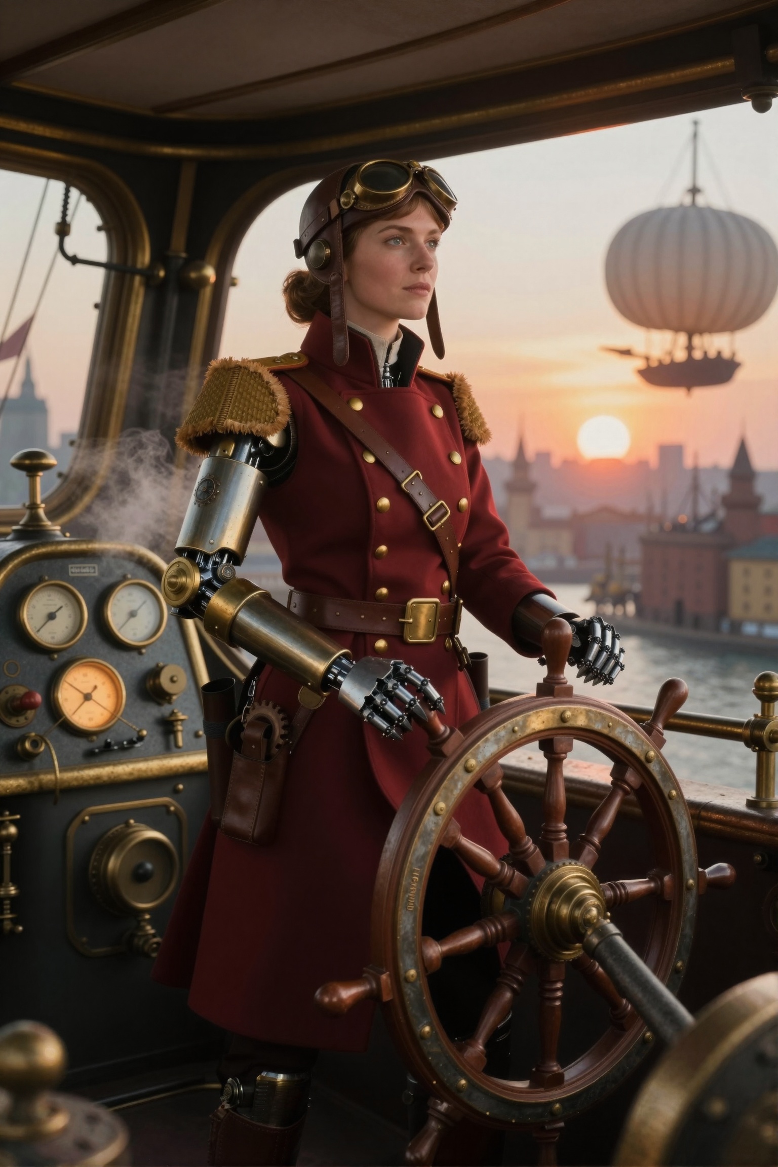 "scene": "Bridge of magnificent steampunk airship above Victorian cityscape",  "subjects": [ "description": "Confident air...