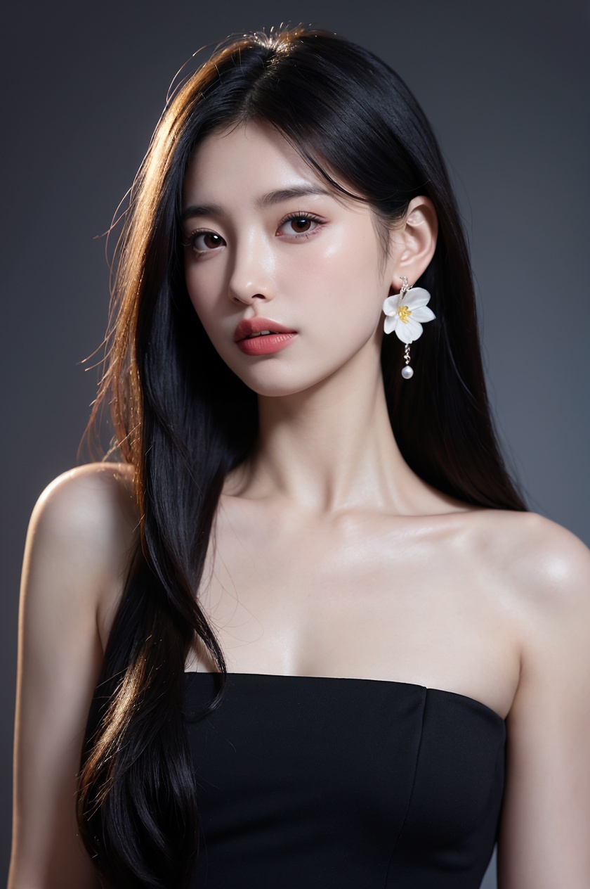 1girl, solo,(front view:1.2),(looking_at_viewer:1.4),(eye-contact:1.4),,black hair, long hair, jewelry, realistic, earrings, hair ornament, black eyes, lips, collarbone, parted lips, flower, watermark, upper body, portrait, hair flower, dress, web address,  <lora:YG红颜阁美女6:0.8>,