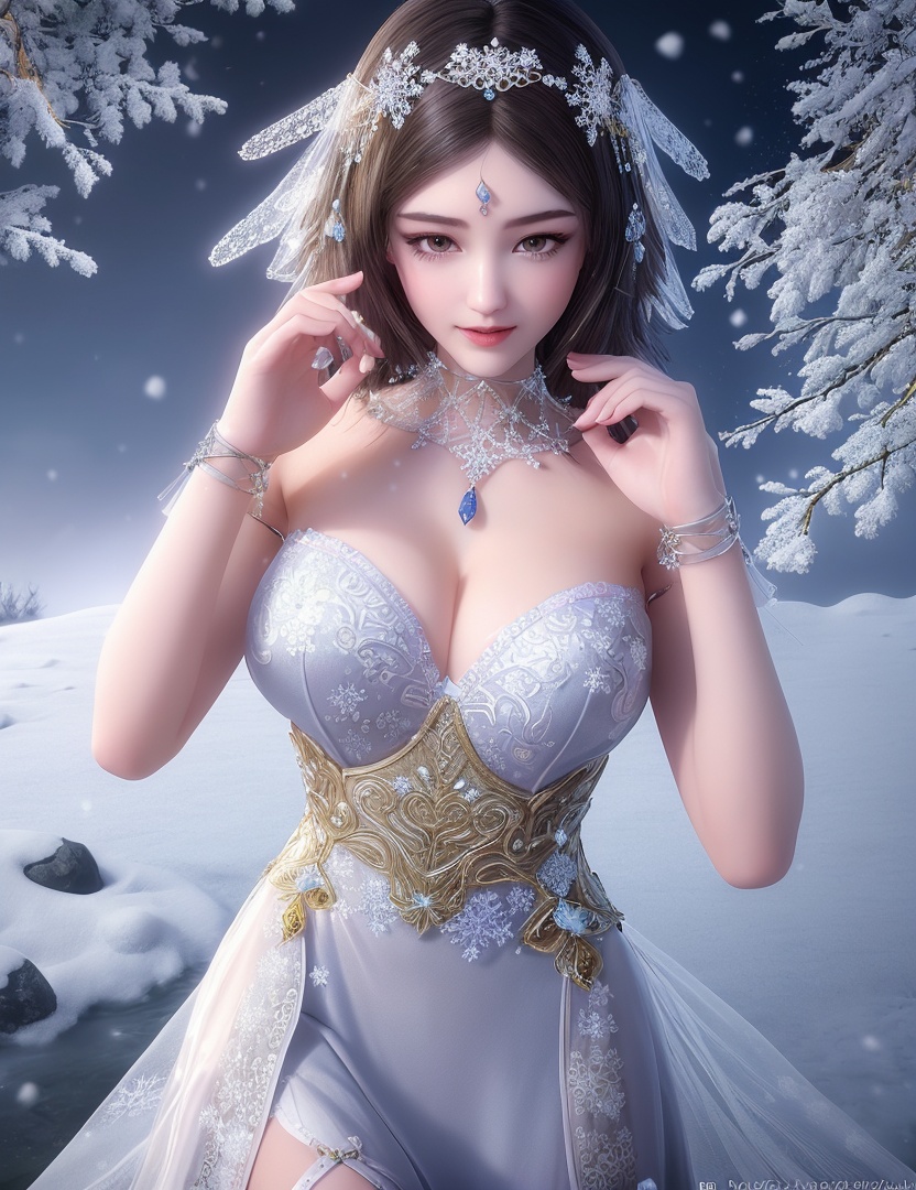 ultra realistic 8k cg, flawless, clean, masterpiece, professional artwork, famous artwork, cinematic lighting, cinematic bloom, perfect face, beautiful face, fantasy, dreamlike, unreal, science fiction,   lace, lace trim, lace-trimmed legwear, luxury, jewelry, diamond, gold, pearl, gem, sapphire, ruby, emerald, intricate detail, delicate pattern, charming, alluring, seductive, erotic, enchanting, hair ornament, necklace, earrings, bracelet, armlet,halo,autumn,((,1girl, pov,best quality, ))  , ((((1girl, solo,outdoors, large breasts,,snowflakes,  snow, snowing,   ))))    <lora:DA_BaiCai:0.7>