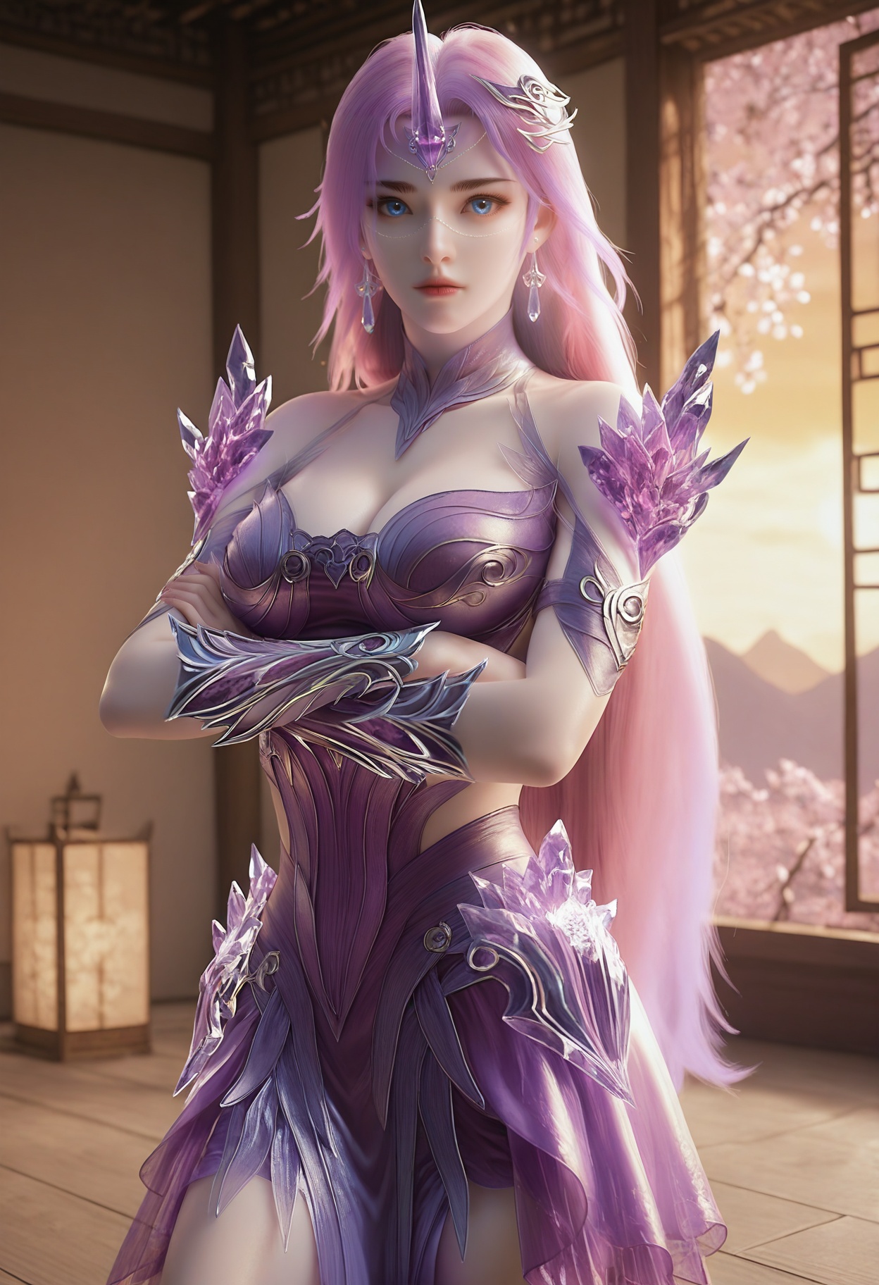 Yue_liu,1girl,blue eyes,long hair,purple hair,earrings,jewelry,hair ornament,crystal,single horn,pink hair,bare shoulders,gem,cleavage,<lora:Yue_liu_10_illu-000007:0.75>,dress,armor,see-through,skirt,purple dress,photorealistic,hyperrealistic,<lora:realistic filter [IL]:1>,pale skin,crossed arms,lantern,open window,looking at viewer,indoors,mountains,blossoms,flowers,beautiful sunset,east asian architecture,