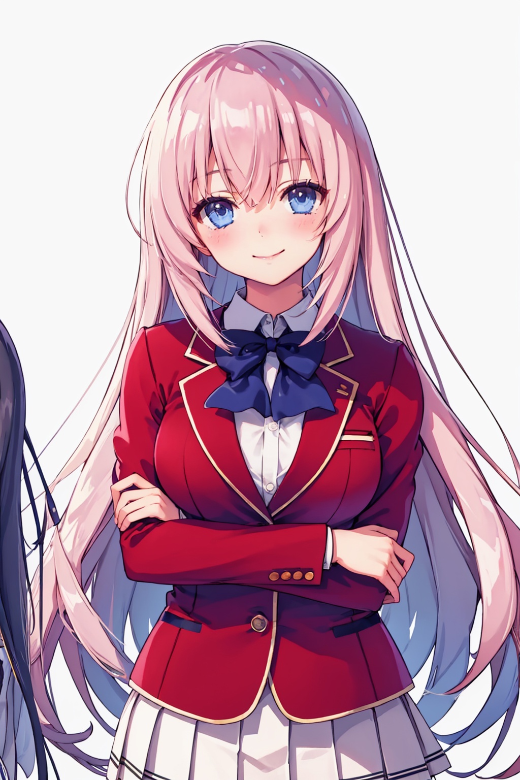 masterpiece,best quality, highly detailed, ichinose honami (youjitsu),looking at viewer,blazer,pleated skirt,school uniform,smile,1girl,solo,long sleeves,red jacket,simple background,blush,bowtie,closed mouth,white background,shiny,white skirt,<lora:ichinose_honami_(youjitsu):1>