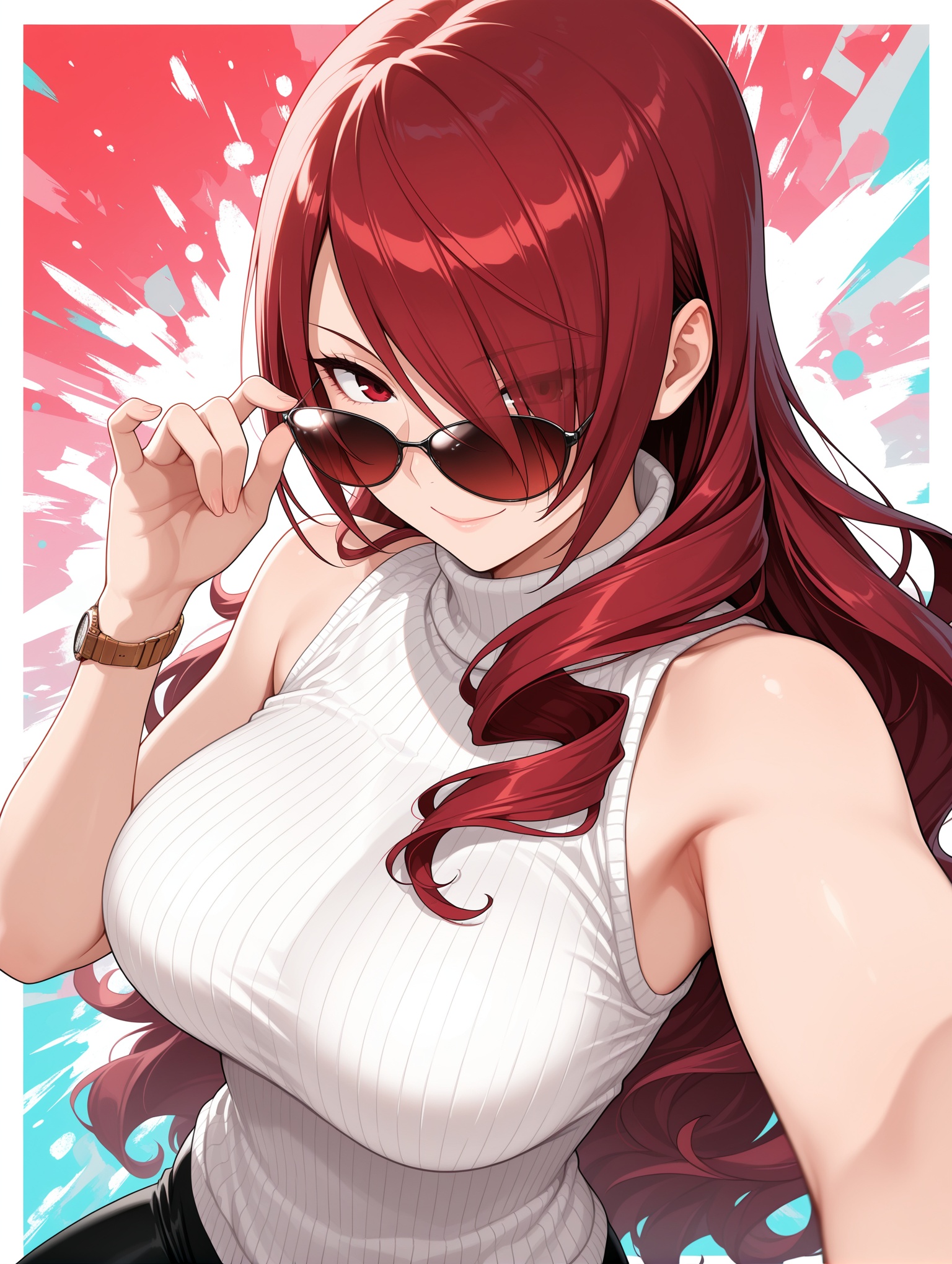 mature female, solo, breasts, red hair, long hair, red eyes, large breasts, sunglasses, looking over eyewear, hair over one eye, sweater, looking at viewer, sleeveless, watch, adjusting eyewear, kirijou mitsuru, white sweater, bare shoulders, turtleneck, wristwatch, bangs, smile, tinted eyewear ,abstract background, foreshortening, ,masterpiece,best quality,amazing quality,