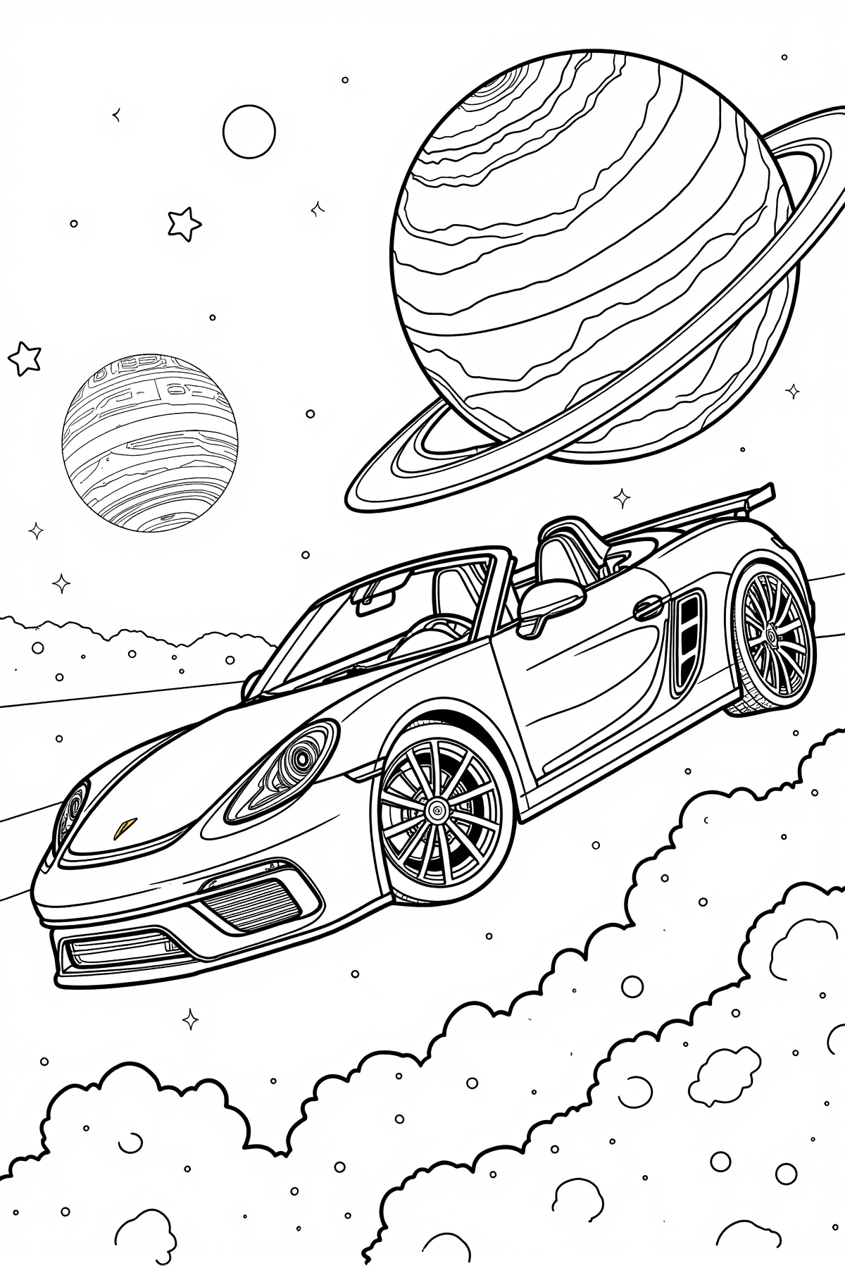 Highly detailed coloring page of a sleek convertible sports car flying in outer space with planet Earth in the background...