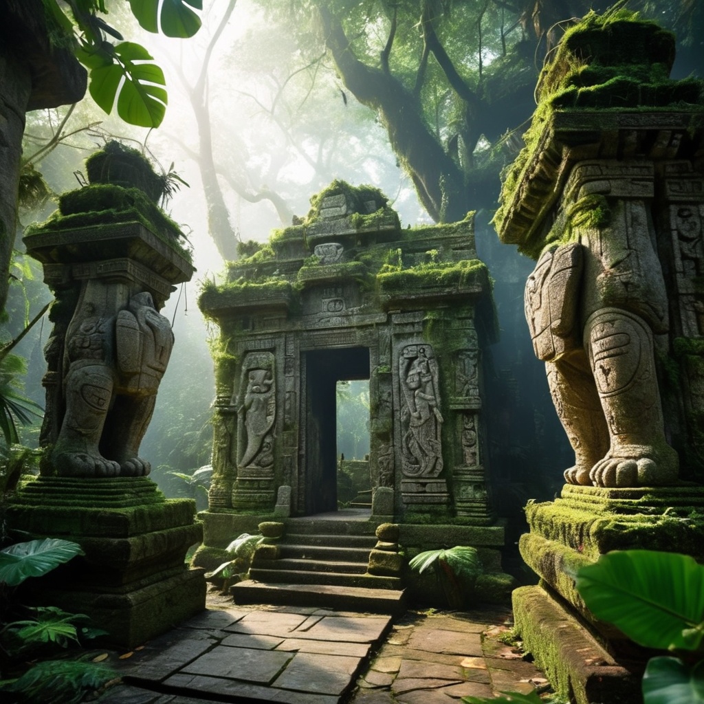 A mystical temple in a dense jungle,  overgrown with vines and moss. Ancient stone statues of mythical creatures guard the...