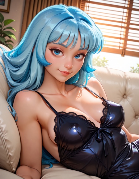 cartoon, perfect quality, high quality, masterpiece, absolutely eye-catching, absurdres, newest, detailed eyes, realistic eyes, (beautiful and aesthetic), very awa, newest, cinematic, a girl named Katherine, tapered hair, blue hair, medium perky breasts, hazel eyes, no makeup, slender body, satin nightgown, lace trim, reclined, on couch, white couch, fluffy couch, window blinds, sexy, dynamic angle, dynamic pose, sexy, look at viewer, :), closeup, side view, upper body, breast focus