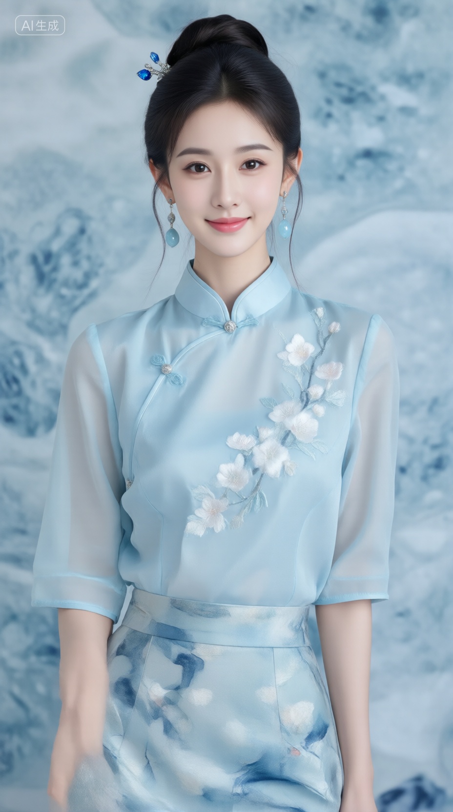 千问佳人,  真人中式美人,  远山眉杏眼搭浅蓝唇色 by 光影驿站 on Tensor.Art