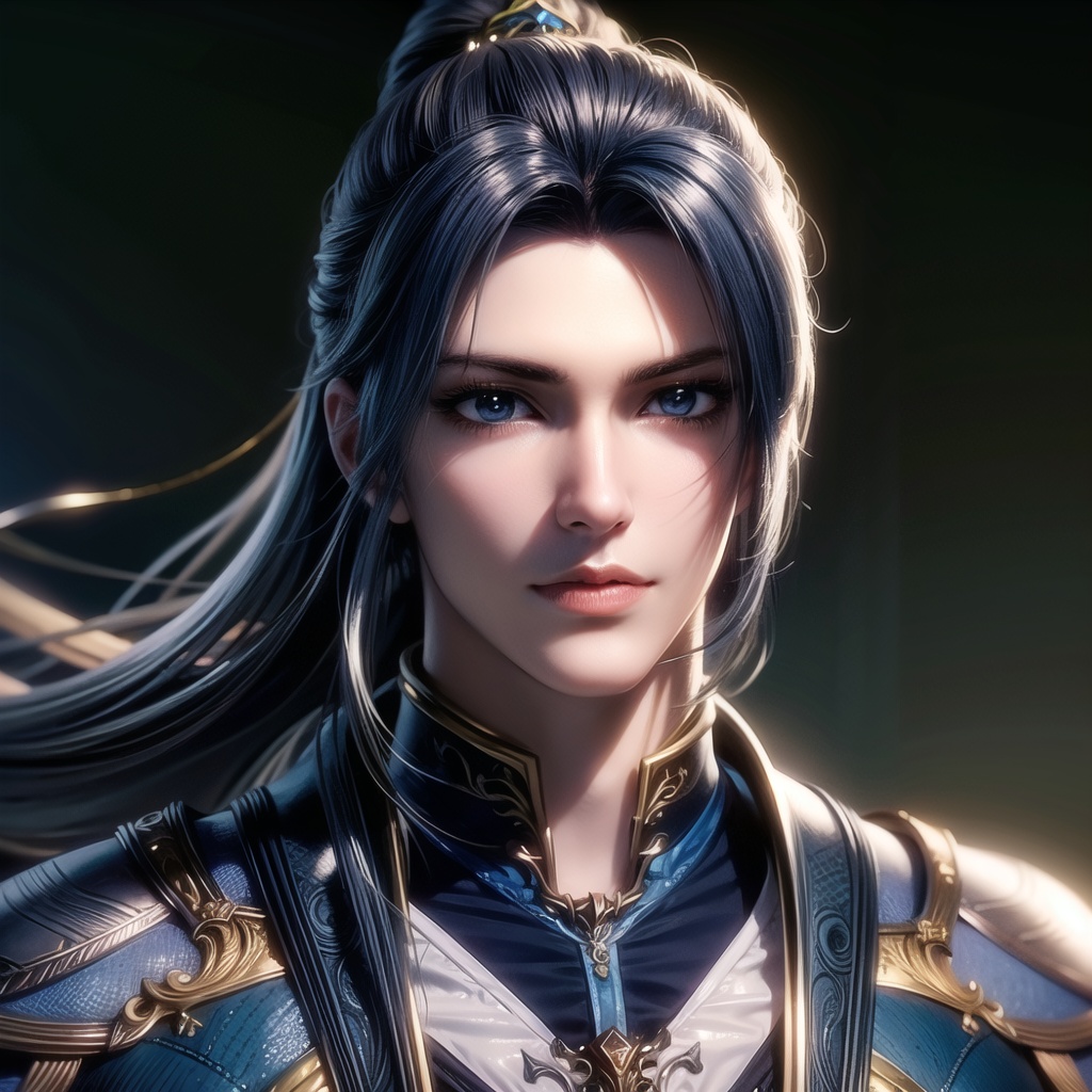 masterpiece,best quality,illustration,anime,simple gray background,tangsan,solo,(mature males:1.2),blue eyes,long hair,blue hair,male focus,1boy,ponytail,looking at viewer,lips,hair ornament,closed mouth,sidelocks,portrait,upper body,high ponytail,armor,realistic,<lora:tangsan_20240326121339:0.7>,<lora:add_detail:1>,