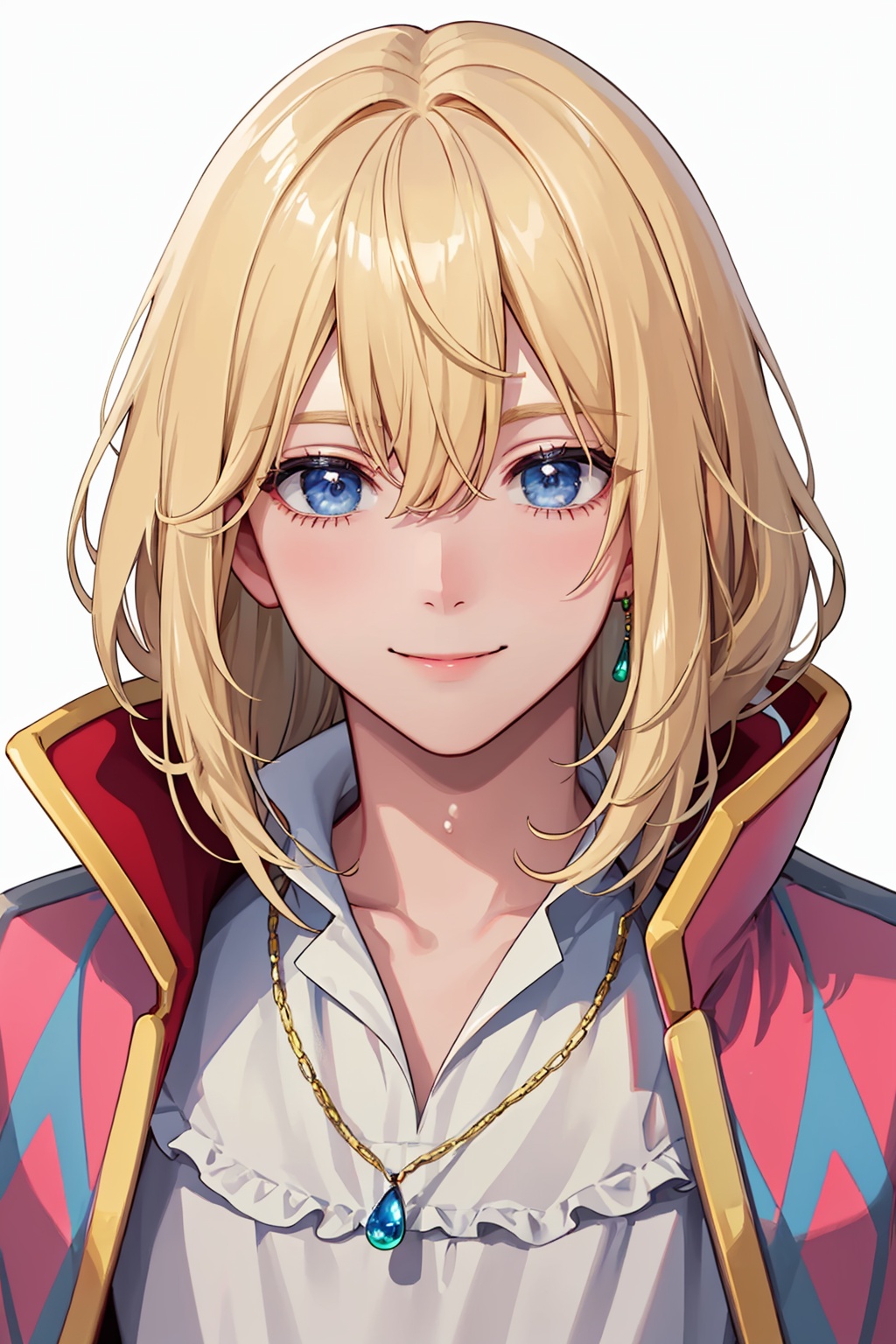 masterpiece,best quality, highly detailed, 1boy,howl (howl no ugoku shiro),male focus,solo,looking at viewer,simple background,smile,white background,white shirt,closed mouth,necklace,upper body,portrait,<lora:howl_(howl_no_ugoku_shiro):1>