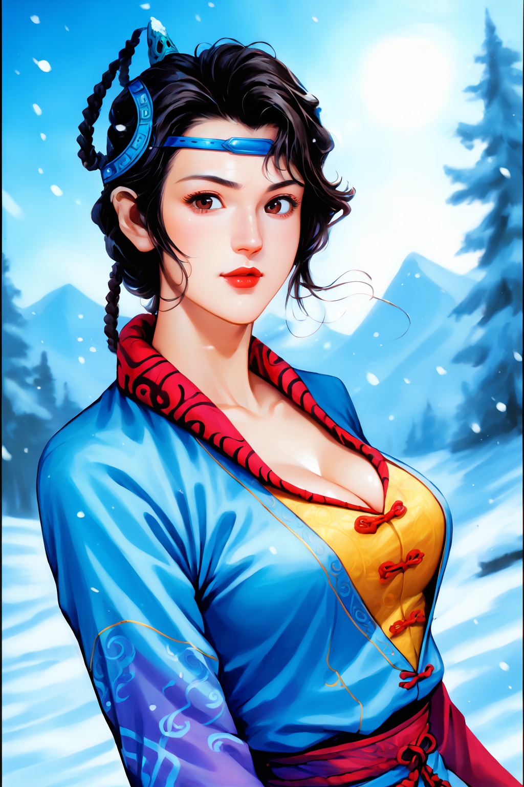 safe_pos,score_9,score_8_up,score_7_up,yuanshen,1girl,solo,black hair,brown eyes,braid,lips,hair rings,lipstick,headband,chinese clothes,pants,large breasts,cleavage,looking at viewer,cowboy shot,nice hands,<lora:pony神兵玄奇-北冥雪:1>,(highres, high quality:1.3),intricate details,sharp focus,depth of field,outdoors,sunlight,soft focus,bright skin,Holy lighting,white skin,mature female,beautiful detailed sky,overexposure,dynamic pose,dynamic angle,<lora:add-detail-xl:0.5>,mature female,curvy,shiny skin,oiled skin,Expressiveh,winter,snow,snowing,ice,ice magic,