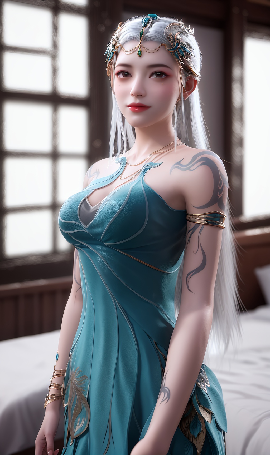 masterpiece,(best quality),3d,official art, extremely detailed cg 8k wallpaper,((crystalstexture skin)), (extremely delicate and beautiful),highly detailed,1girl,solo,long hair,headwear,(standing),(white hair),((dress,skirt)),, (chinese_clothes), ((tattoo)), (jewelry), (bracelet),((upper body)),sweet smile, (medium breasts),((hair_ornament)),(cleavage:0.797), (sunshine, indoor,(bed)),((looking_at_viewer)),((Facing the camera)), <lora:hipoly3DModelLora_v10:0.3> 
