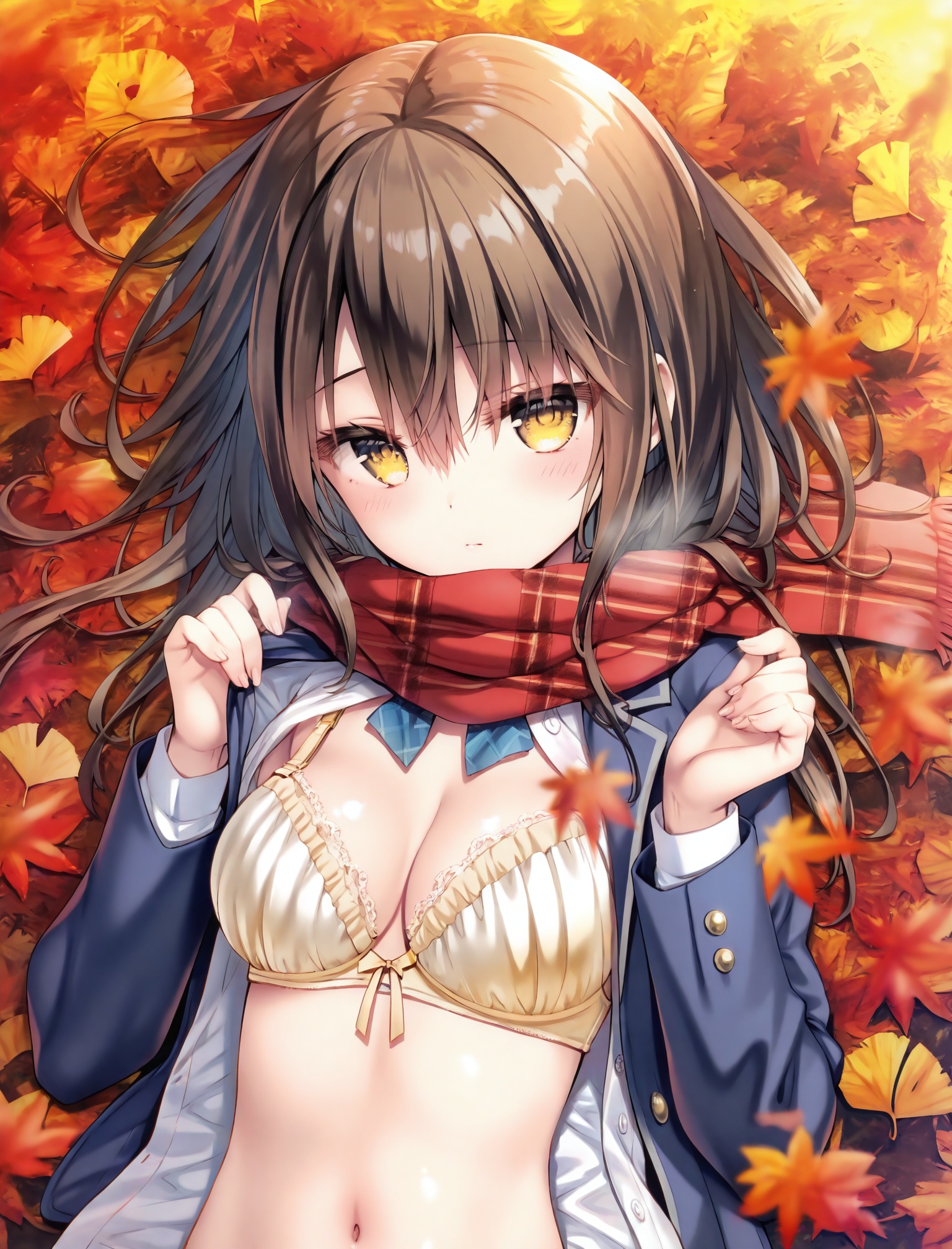 masterpiece,absurdres,best quality,petite,high quality,//,1girl,solo,open clothes,scarf,breasts,underwear,navel,lying,bra,jacket,red scarf,autumn leaves,looking at viewer,on back,open shirt,long hair,blazer,leaf,medium breasts,open jacket,shirt,stomach,plaid,blurry foreground,side-tie panties,autumn,long sleeves,plaid scarf,blue jacket,yellow bra,brown hair,upper body,depth of field,white shirt,yellow eyes,maple leaf,bow bra,cleavage,blurry,panties,white bra,fringe trim,hair between eyes,closed mouth,school uniform,hands up,blush,outdoors,falling leaves,lace-trimmed bra,black jacket,lace trim,<lora:yuzuna_hiyo——【CKXL】hans:0.88>,