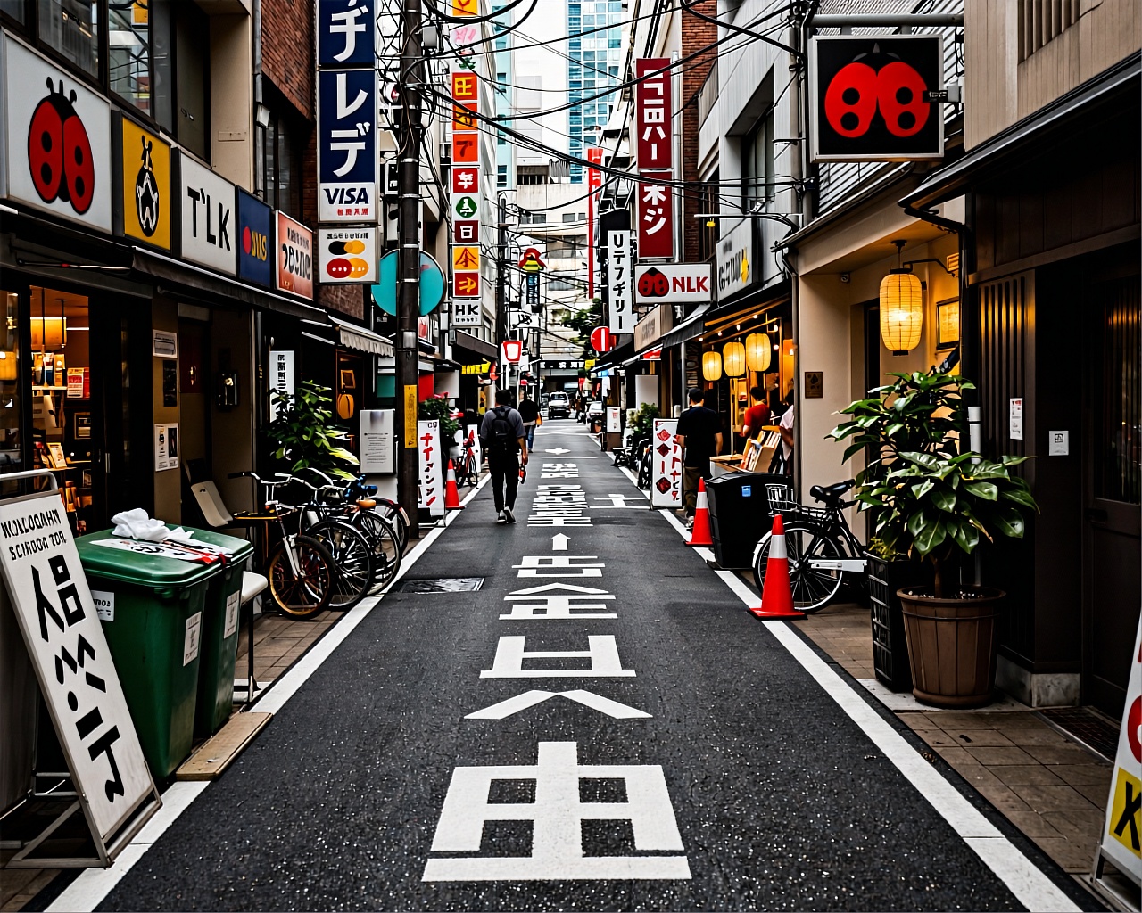 A narrow,  bustling Japanese alleyway bathed in diffused daylight,  flanked by tightly packed urban buildings adorned with...