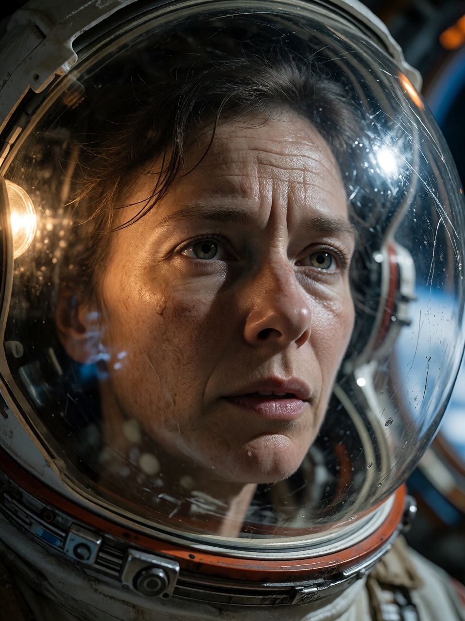 Cinematic close-up portrait of a weathered female astronaut in her late 40s,  standing inside a dim orbital station after...