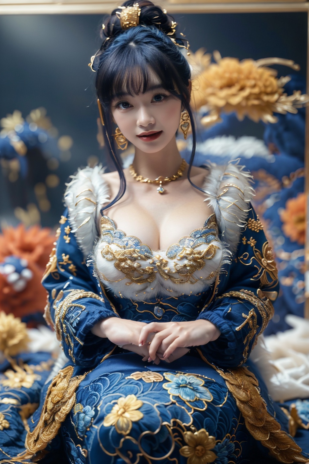 a blue and gold image of a Chinese Loong,  realistic fine details,  Chinese embroidery on Tensor.Art