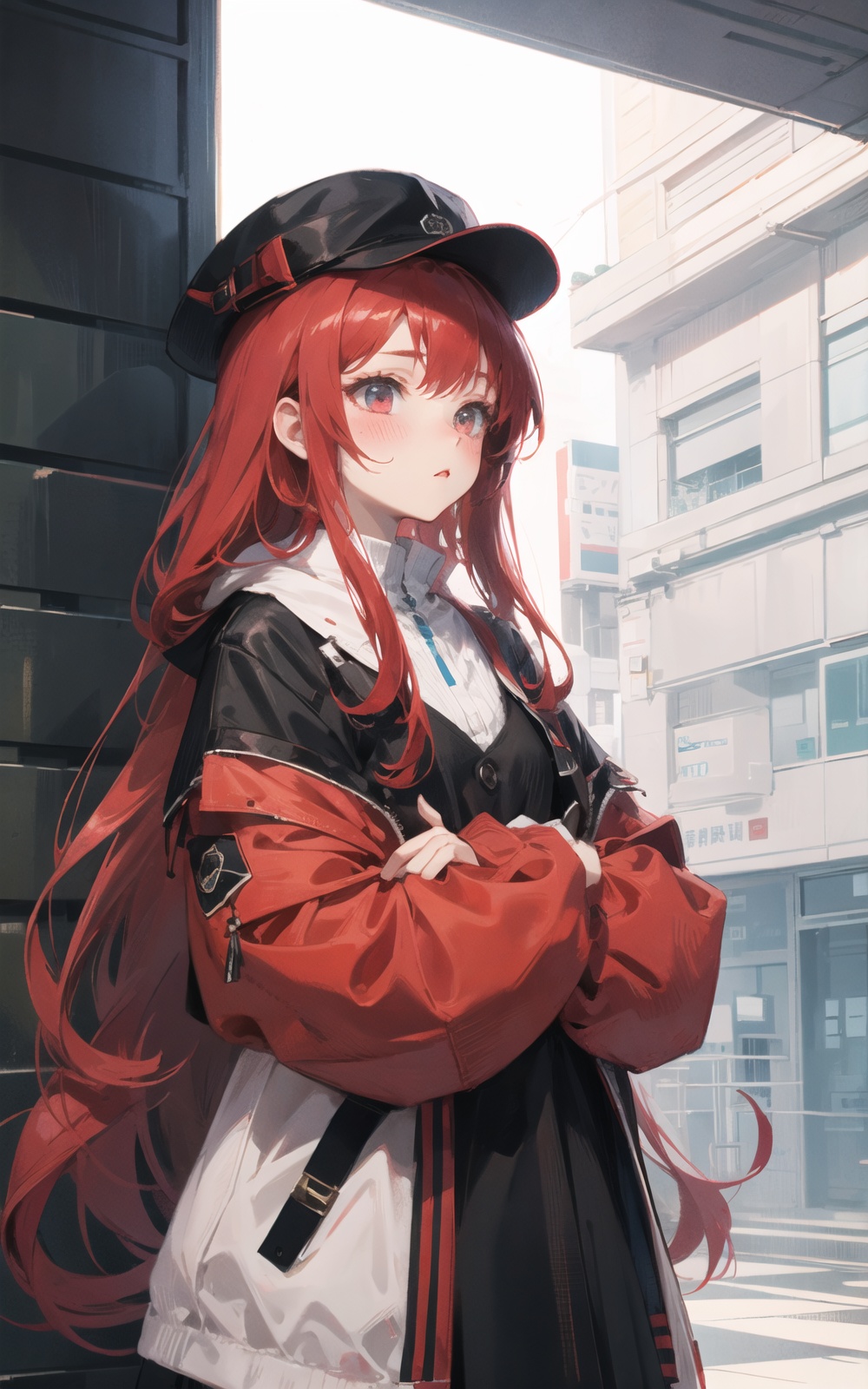 red_hair, long_hair, 1girl, solo, hat, very_long_hair, blush