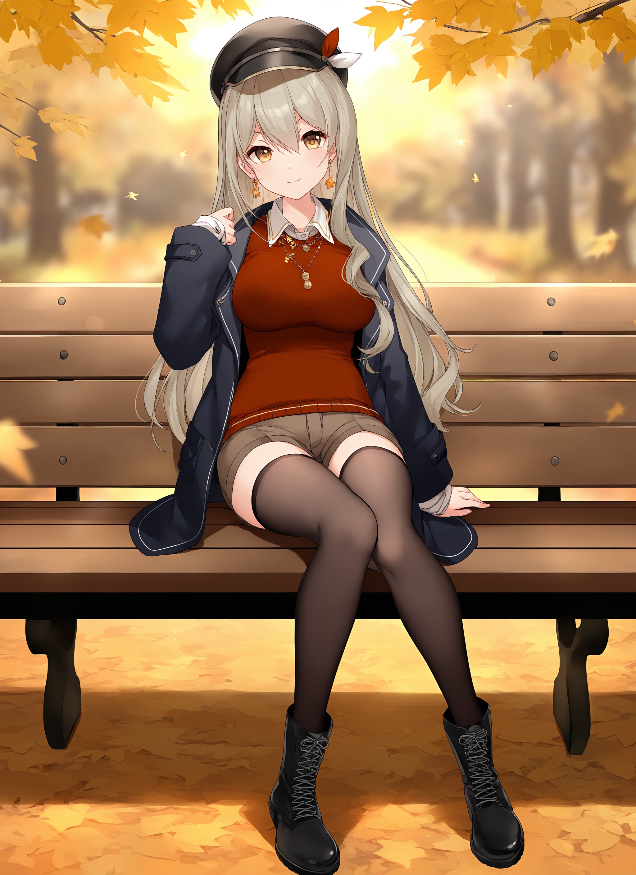 aki rinco, 1girl, solo, thighhighs, long hair, collared shirt, shorts, hat, shirt, boots, black footwear, white shirt, open clothes, long sleeves, breasts, cross-laced footwear, lace-up boots, looking at viewer, full body, black headwear, short shorts, jacket, jewelry, medium breasts, black thighhighs, black jacket, peaked cap, sleeves past wrists, sweater vest, open jacket, earrings, dress shirt, very long hair, coat, brown thighhighs, thighhighs under boots, sweater, red sweater, red shirt, brown shorts, necklace, outdoors, sitting, smile, on bench, official art,depth of field,best quality,amazing quality,very aesthetic,absurdres,beast quality,masterpiece,ultra detailed, newest,8K,HDR,<lora:AkiRinco_noob0.77_v4:1.1>, 