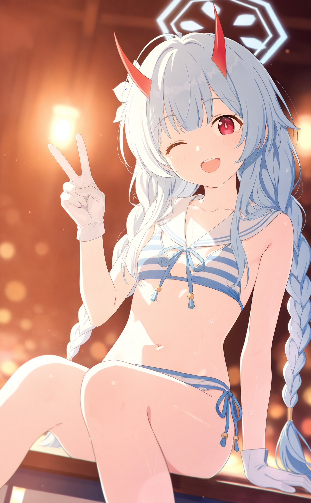 masterpiece,very aware,highres,absurdres,newest,best quality,loli,petite,high quality,chromatic_aberration,cinematic_angle,dutch angle,//,chise_(blue_archive) ,1girl,swimsuit,solo,bikini,one eye closed,horns,striped bikini,v,gloves,halo,blue hair,white gloves,sailor collar,striped clothes,open mouth,hair flower,simple background,white sailor collar,long hair,white background,navel,red horns,red eyes,hair ornament,looking at viewer,sitting,smile,flower,teeth,see-through,head tilt,blue halo,;d,official alternate costume,braid,twin braids,collarbone,flat chest,white flower,blue bikini,small breasts,upper teeth only,feet out of frame,blue ribbon,//,official art,depth of field,detailed light,blurry background,best shadow,shiny skin,cinematic lighting,ray tracing,amazing quality,very aesthetic,absurdres,beast quality,ultra detailed,newest,8K,HDR,//,<lora:BA2——【Illustrious】hans:0.4>,<lora:chahua——【noob】hans:0.6>,