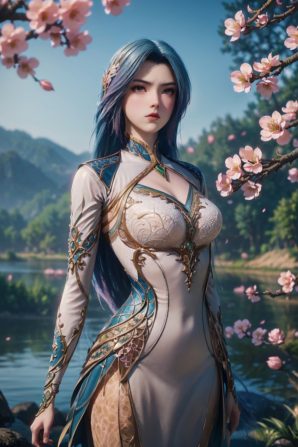 1girl,solo,closed mouth,(hair ornament),jewelry,dress,arms at sides,(looking at viewer),outdoors,nature,(water,lake,petals on liquid),(peach blossom:1.2,falling petals:1.3),(cowboy shot),3d,game cg,Highly detailed,(best quality:1.5,masterpiece:1.5),<lora:20240929-1727556316199:0.65>,