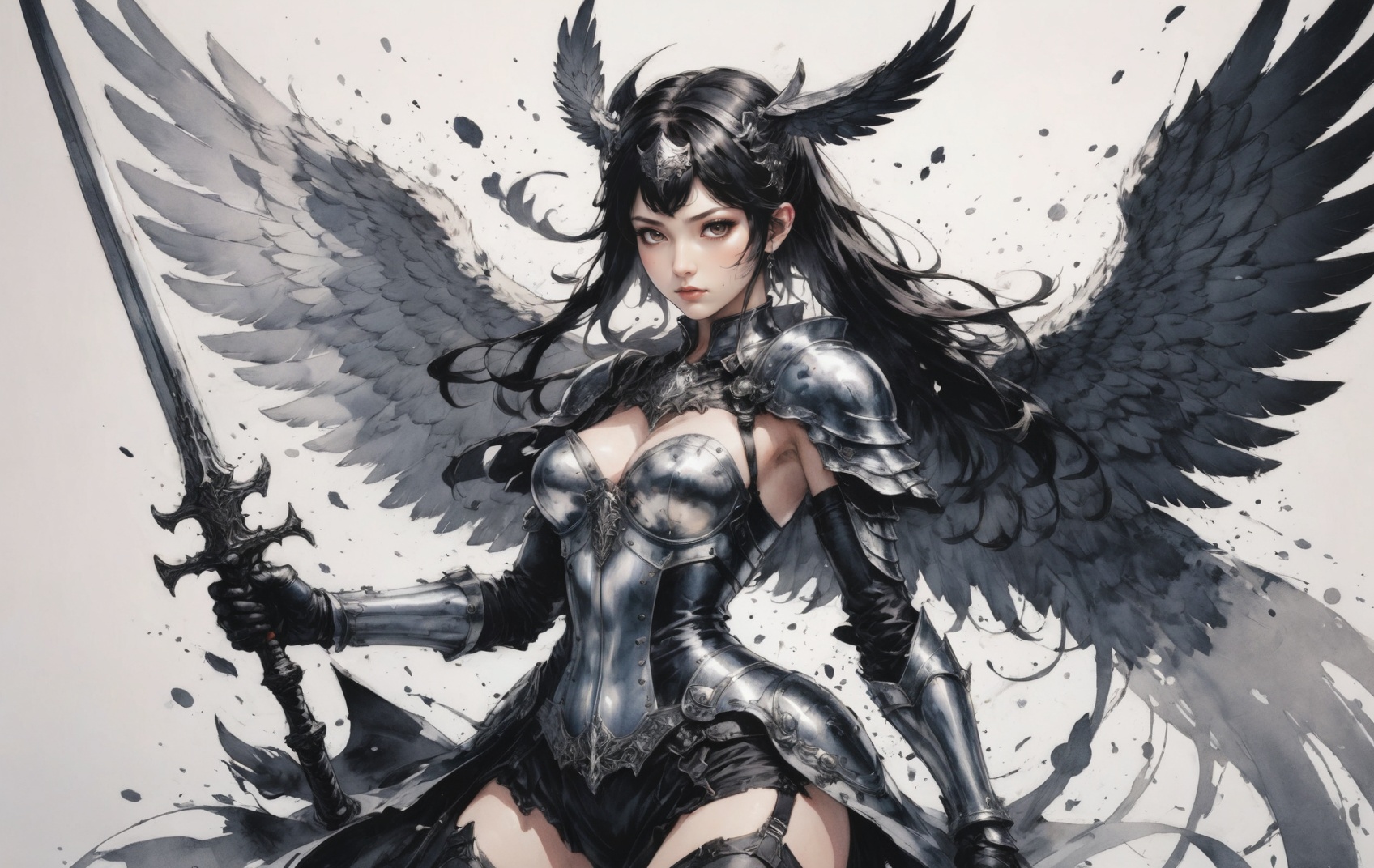a winged Valkyrie wielding a weapon,  splatter fashion,  in the style of light and shadow on Tensor.Art