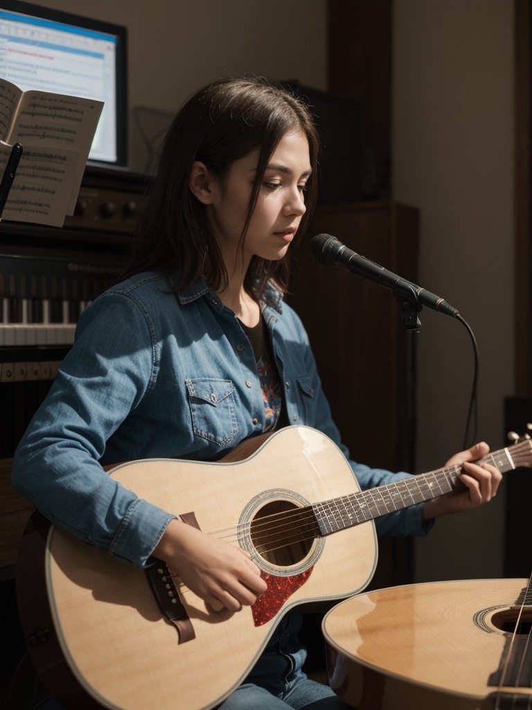 A musician strums the strings of an acoustic guitar,  filling the air with melodic tunes,  parallax photography on Tensor.Art