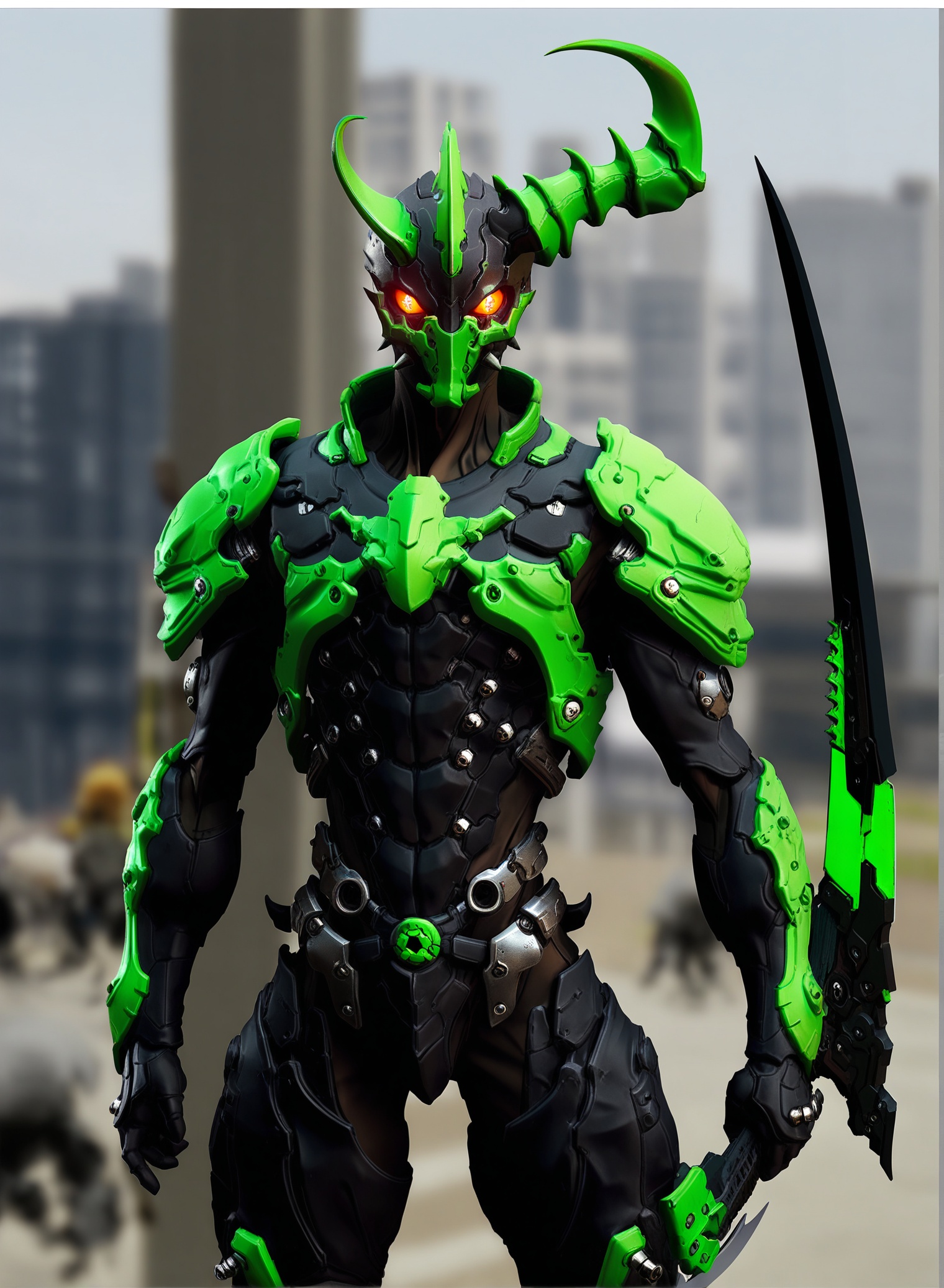 best quality,masterpiece,absurdres,newest,(game cg,3dmear:1.4),(maung thuta:1.1),(uzuki (uzukinokaze):1.2), (linnno)(creature, this digital painting depicts a monster that has been mechanically modified, bio armor:1.3),dmonsolo, looking at viewer, 1boy, gloves, red eyes, standing, male focus, weapon, horns, artist name, sword, holding weapon, blurry, english text, armor, character name, orange eyes, blurry background, mask, copyright name, glowing, helmet, bug, glowing eyes, science fiction, monster, city, antennae, demon, demon boy, gears, power armor, black armor, asymmetrical horns, tokusatsu, arm blade, chakram, This is a photograph of a detailed sci-fi action figure, captured from a slightly low angle that emphasizes its imposing stature. The figure is clad in a futuristic, armored suit that resembles a mix of organic and mechanical materials, with dark, metallic textures and glowing green and blue accents. The armor features sharp, angular designs and highlights on the chest and shoulders, suggesting a high-tech, combat-ready appearance. The figure holds an elaborate, large green and black weapon that appears to be a combination of a sword and a spear, with a glowing green core adding to its menacing look. It has a helmet with glowing red eyes, and two large, curved horns on its head, giving it an intimidating and alien-like presence. The background is blurred and industrial, with muted metallic and gray tones, possibly indicating a futuristic or dystopian setting. The lighting is artificial, with a bright source casting highlights and shadows, particularly on the left side of the figure, enhancing its three-dimensional appearance. The image is watermarked with "KAVEN RIDER DOJO CATAKINZA COMBO" at the bottom center.