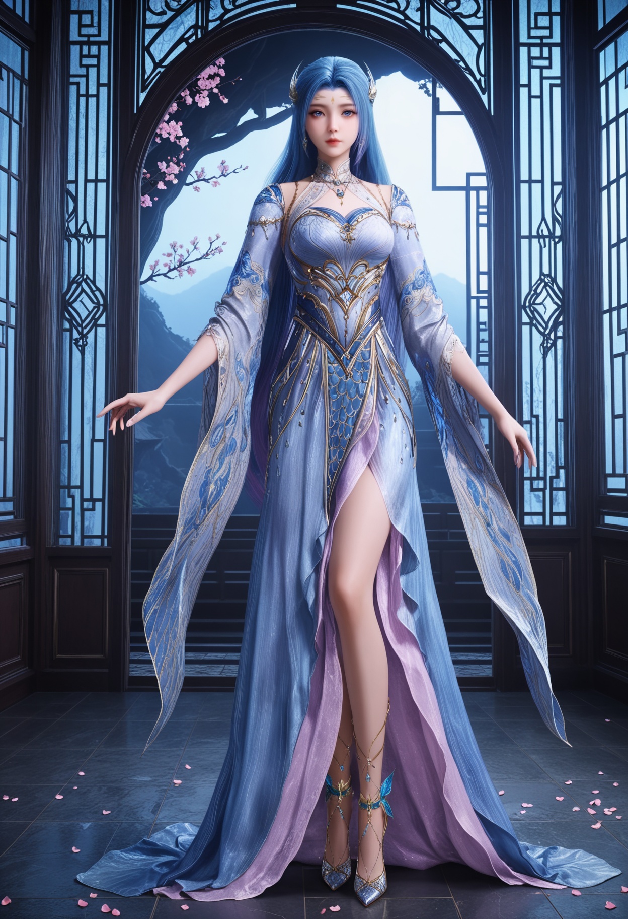 standing,(looking at viewer:1.1),facing viewer,direct gaze,(masterpiece:1.1),(best quality:1.2),(intricate details),(smog:1.3),(Dark room:1.3),(dim lighting:1.3),peach blossom,falling petals,<lora:YQ_Illustrious光辉v5_唐舞桐_服装3_V2:0.8>,1girl,q1528437228,solo,long hair,hair ornament,blue eyes,jewelry,dress,earrings,detached sleeves,high heels,necklace,anklet,forehead mark,masterpiece,(best quality),(intricate details:0.9) BREAK (intricate details:0.9),(realistic skin:1.2),masterpiece,best quality,newest,absurdres,hiahres,