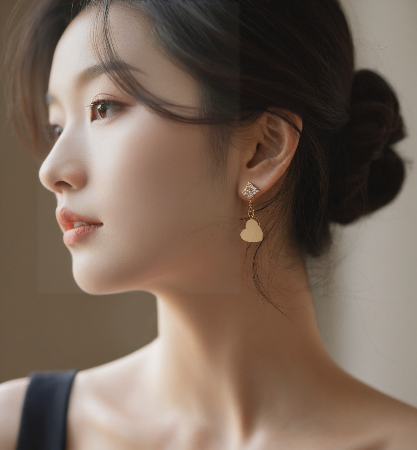 ,woman,portrait,close-up,side view,shadow,sunlight,collarbone,single earring,minimal jewelry,dark clothing,frilled edge,soft focus,warm tones,natural light,Asian ethnicity,young *****,beauty,subtle makeup,serene expression,high-resolution image,depth of field,partial face,clear skin,fashion photography,elegance,solo,realistic,1girl,head out of frame,black hair,heart,lips,chest hair,dress,<lora:15-000008:0.6>
