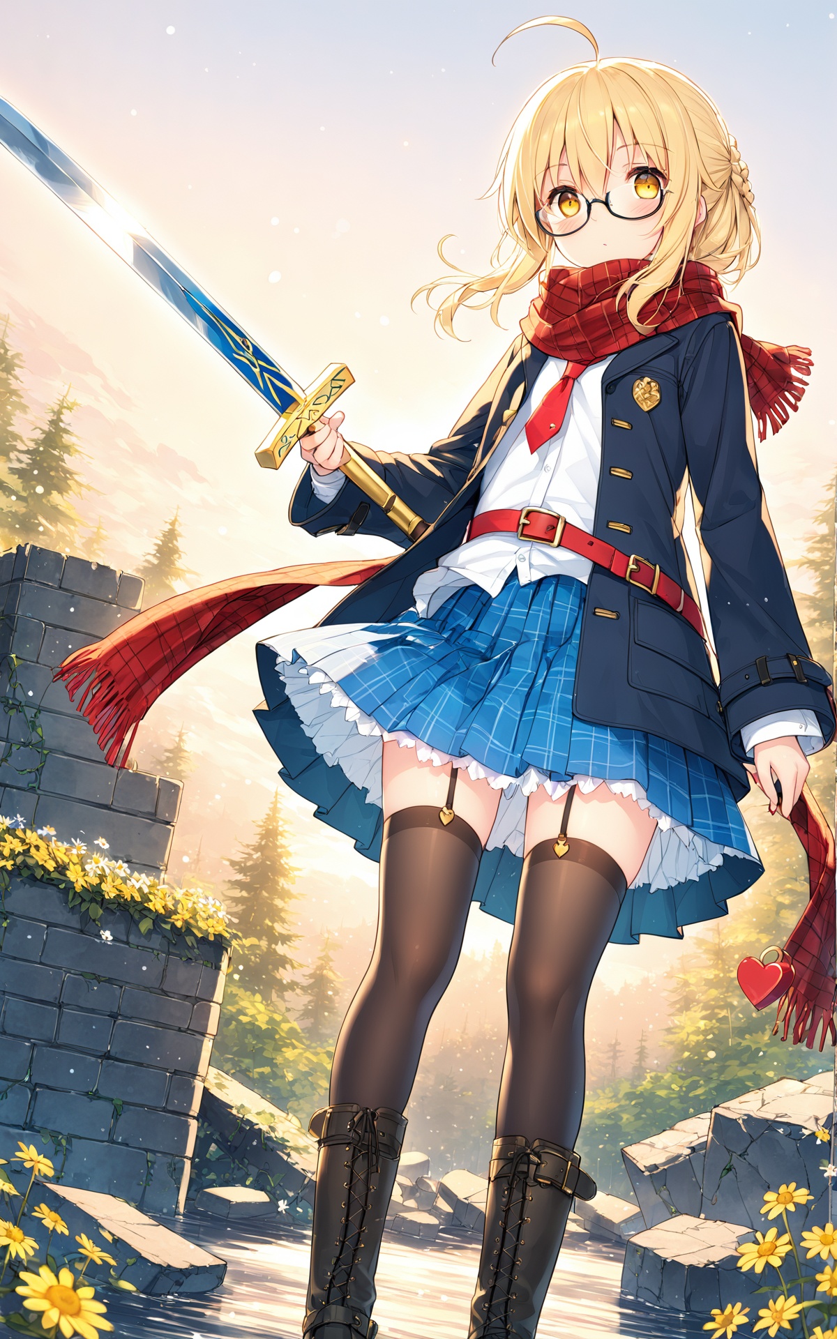 (masterpiece),(best quality),illustration,ultra detailed,hdr,Depth of field,(colorful),loli,yellow theme,the setting sun,Chamomile,Chamomile,cornflower,vines,forest,ruins,lens flare,hdr,Tyndall effect,damp,wet,1girl,mysterious heroine x alter (first ascension) (fate),mysterious heroine x alter (fate),solo,artoria pendragon (fate),thighhighs,scarf,ahoge,sword,boots,glasses,red scarf,blonde hair,plaid scarf,weapon,looking at viewer,semi-rimless eyewear,skirt,knee boots,plaid,black-framed eyewear,under-rim eyewear,black thighhighs,valentine,holding,black footwear,gift,garter straps,full body,blue skirt,braid,yellow eyes,excalibur (fate/stay night),belt boots,heart-shaped box,school uniform,hair between eyes,jacket,open clothes,pleated skirt,fringe trim,coat,bangs,duffel coat,long sleeves,box,sidelocks,holding sword,hood,serafuku,chocolate,blush,