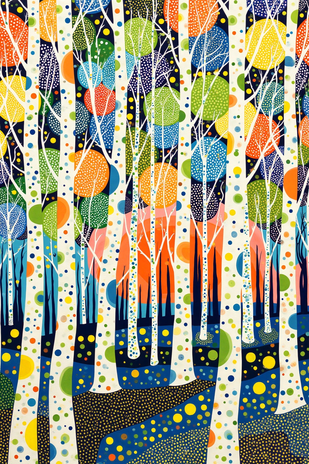 SK,SK,this is a vibrant modern abstract digital illustration. It depicts a fantastical forest with tall slender trees adorned with vibrantly colored leaves featuring polka dot patterns. The leaves shimmer with hues of cornflower blue,moss green,amber orange,and lemon yellow,interwoven and colliding with each other. In the background,there is a gradient sky that transitions from deep navy,reminiscent of a night sky,to warm tangerine,**** a sunset. On the ground,there are ink-black spots scattered **** stars,interspersed with occasional bright golden yellow dots,creating a unique visual rhythm.,