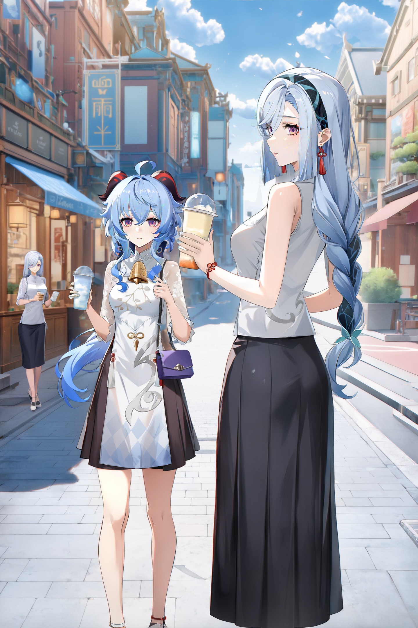 8k, best quality, masterpiece, (ultra-detailed:1.1), (high detailed skin), <lora:ganshenxian-A3-Tanger-000010:0.7>, 2girls, Ganyu's casual clothes, shenhe's casual clothes, ganyu \(genshin impact\), shenhe \(genshin impact\), long hair, blue hair, horns, purple eyes, ahoge, skirt, bangs, outdoors, street, 