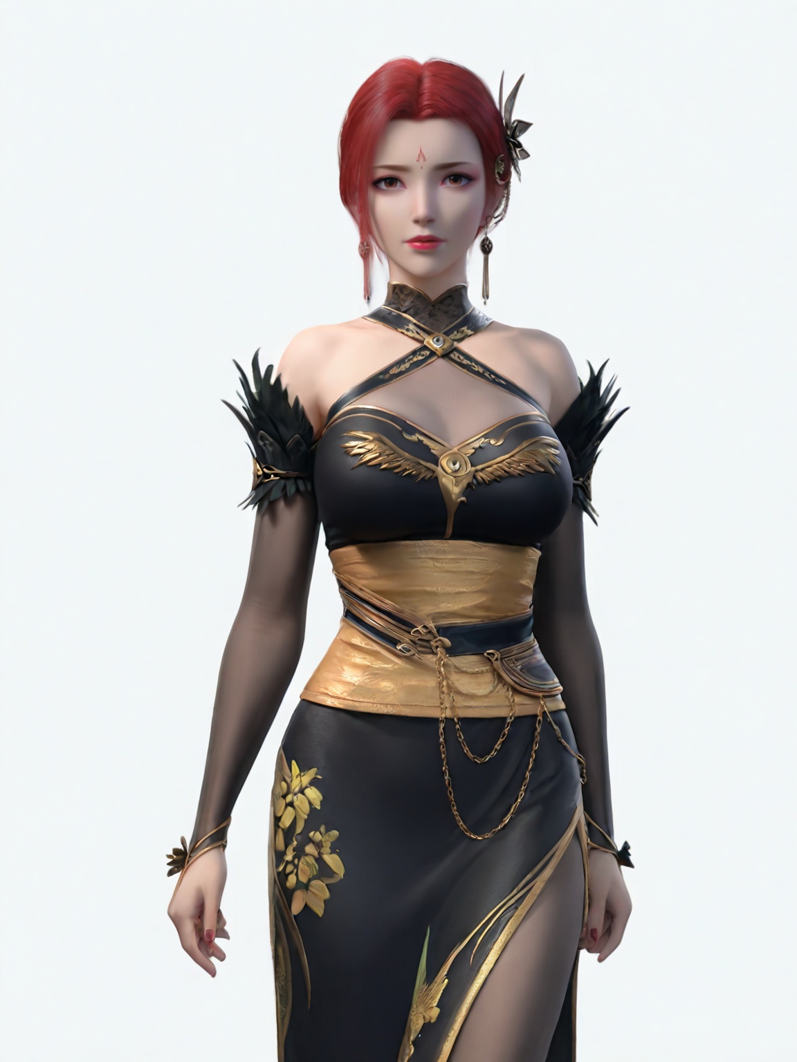 (perfect_anatomy:1.1),(looking_at_viewer:1.1),(realistic:1.3),<lora:SF_YaFei_OL20-000003:0.8>,1girl,solo,standing,red hair,jewelry,earrings,dress,hair ornament,bare shoulders,large breasts,  forehead mark,low bun,pantyhose,black dress,simple background,white background,cowboy shot,