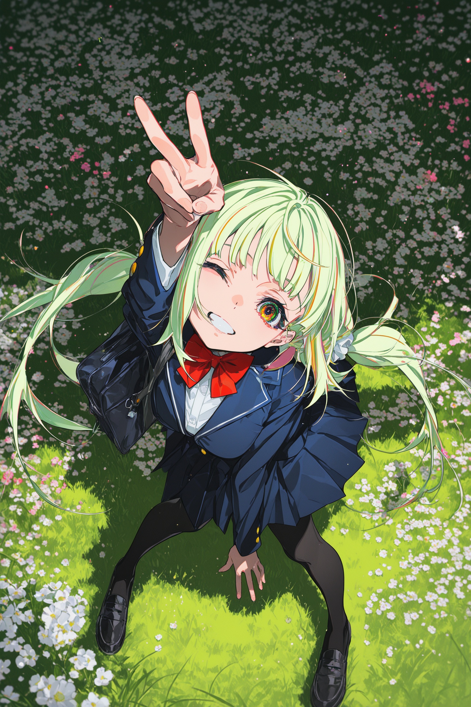 1girl, school_uniform, black_pantyhose, light_green_hair, long_hair,low_twintails, from_above, v,wink,flower, Grass,puddles,(mika pikazo),(yoneyama mai),(kkia),(le (huanglongen)),(z3zz4),