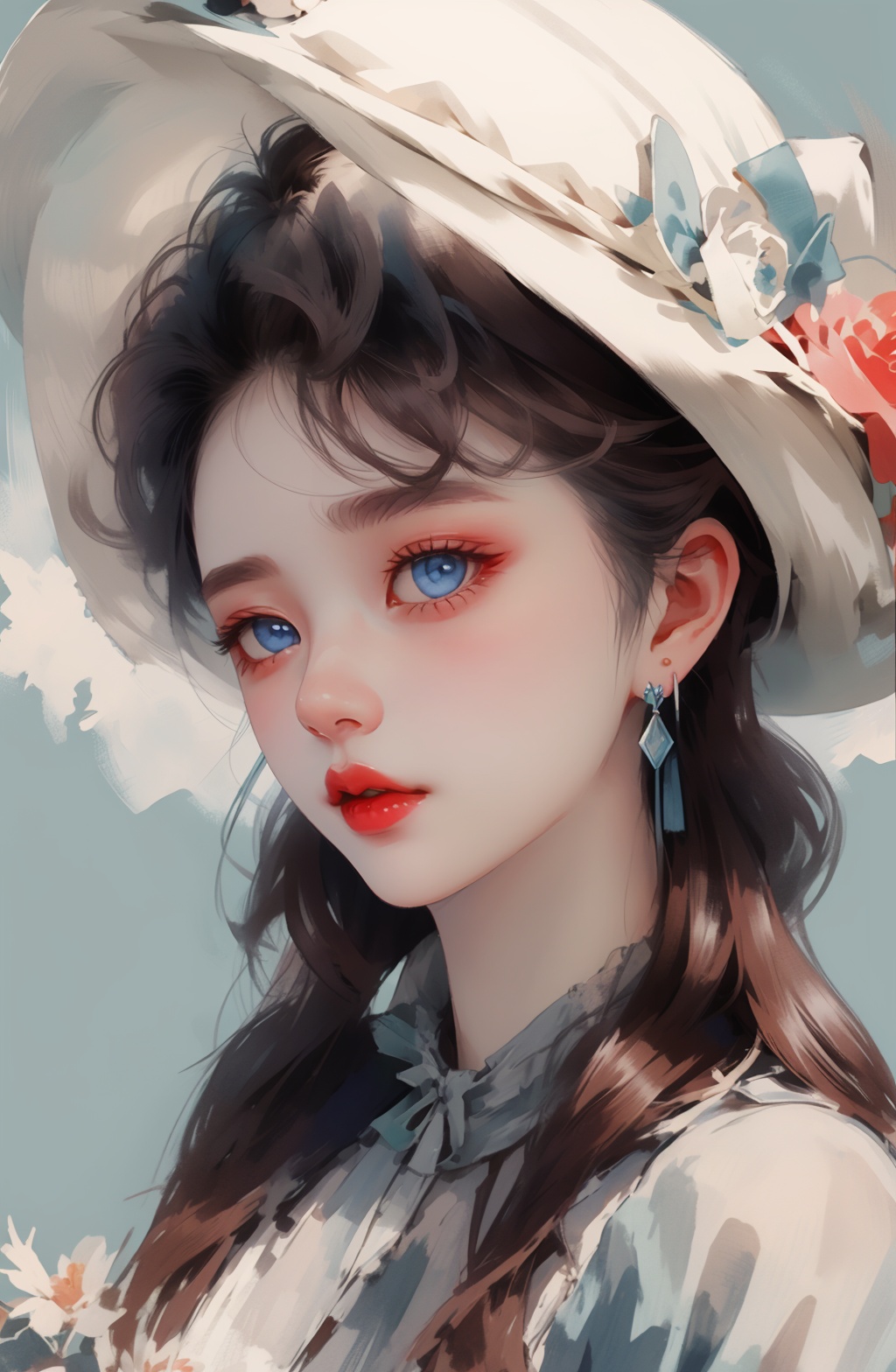 1girl, solo, red lips, earrings, jewelry, hat, blue eyes, looking at viewer, makeup, lipstick, brown hair,<lora:Victoria_维多利亚:1>,