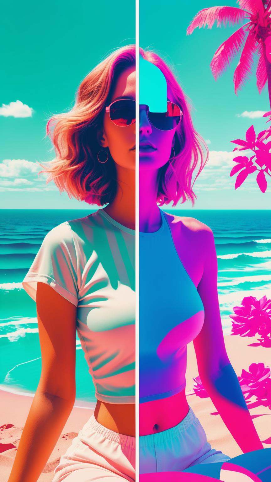 hyper realism, IR photo, light leaks, (split screen overlay, x-ray view:1.3), double exposure, (glitched image:1.2), a glitched out pair of women relaxing a sunny beach, vaporwave aesthetic, pixelation, sinusoidal distortions, screen tear, post modern deconstruction, molecular view, vibrational spiral signals, (rose garden overlay, split screen image:1.1), abstractions, experimental