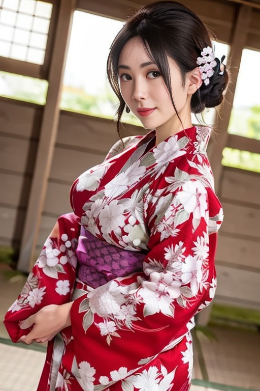 1girl, black hair, breasts, floral print, japanese clothes, kimono, obi, realistic, redjpg, solo, <lora:SD1.5_RedJPG,.1.28:0.6>