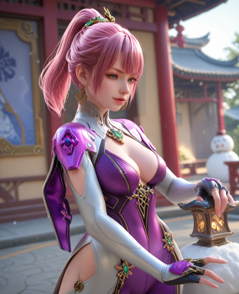 (oriental architecture, elegant decor, sophisticated style:1.1),(making a snowman:1.1),(breasts:1.2),<lora:XL16穿越火线步练师潜伏者:0.95>,miss bulianshiq,bodysuit,green eyes,eyeshadow,pink hair,ponytail,earrings,jewelry,hair ornament,fingerless gloves,skin tight,purple high heels,purple and white openwork catsuit,, score_9,score_8_up,score_7_up,score_6_up,score_5_up,score_4_up,3d rendering,tag1,tag2, Cinematic Lighting,backlighting,, zPDXL3, zPDXL2,zPDXL, zPDXLxxx, zPDXLrl,