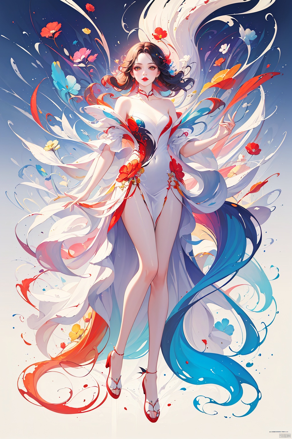 (masterpiece, top quality, best quality, official art, beautiful and aesthetic: 1.2), (1 girl), (full body: 1.3), extreme detailed, (fractal art: 1.3), colorful, break, highest detailed, Red, break, White, break, Yellow, break, Chest, Abdomen, Nine-tailed fox, (whole body: 1.5), WaHaa, bpwc, meiren-red lips