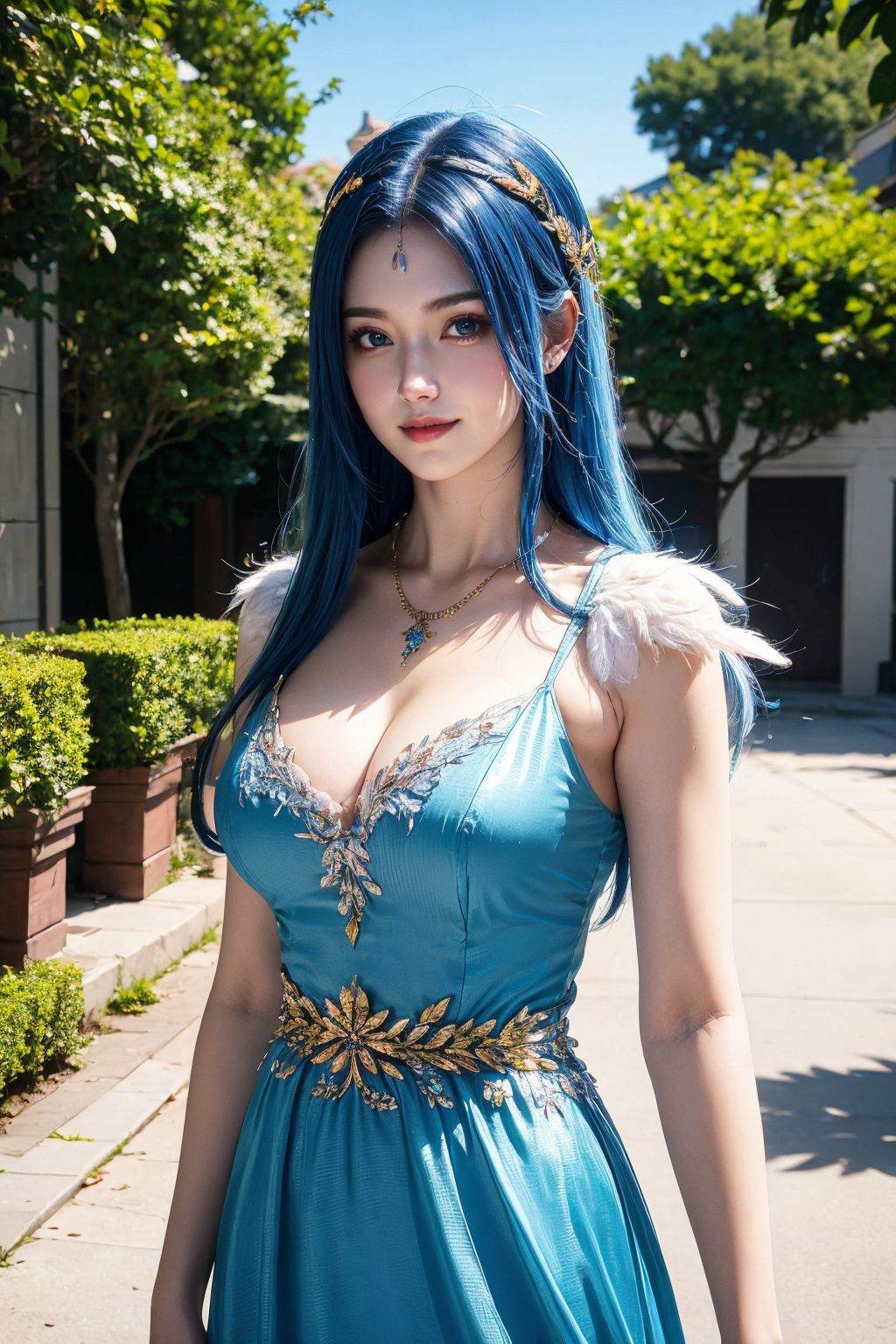 1girl, solo, long hair, jewelry, hair ornament, necklace, breasts, dress, parted lips, looking at viewer, feathers, cleavage, pale skin, blue hair, smirk, outdoors,