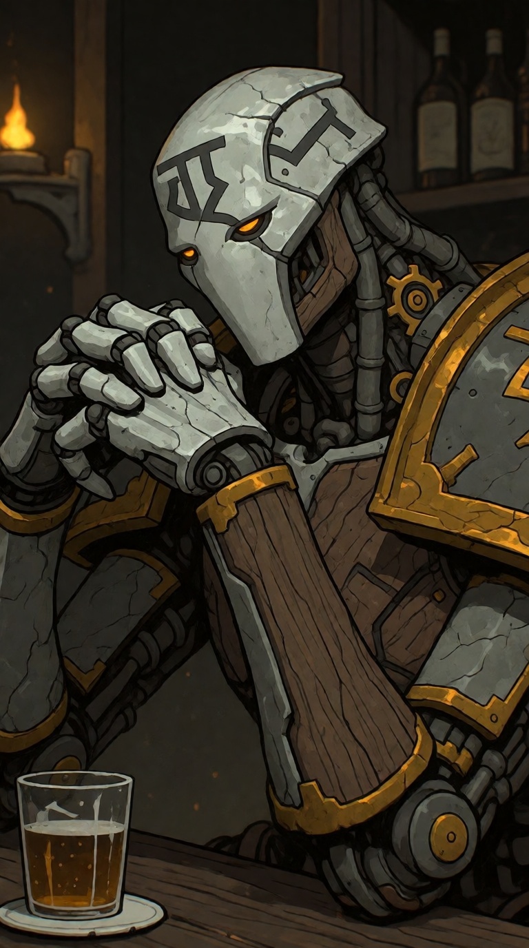 G0ld4r,  A brooding warforged robot,  crafted from a fusion of sleek metal and warm wood on Tensor.Art