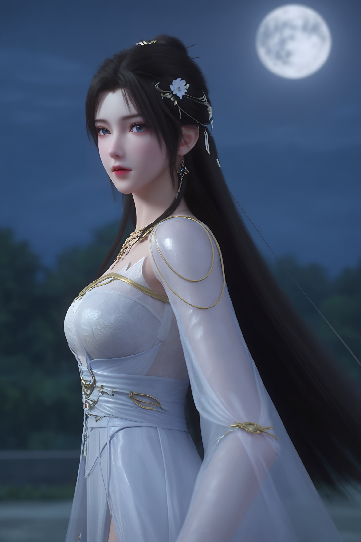 1girl,long,dark hair,white flower hairpins,flowing,sheer,white gown,golden detailing,long sleeves,high slit,lavender shoes,<lora:完美-清漪仙子-Pony重制v2:0.7>,1girl,solo,shiny,shiny_hair,upper_body,fair_skin,white_skin,shiny_skin,shiny,Ivory_skin,looking at viewer,cinematic lighting,volumetric lighting,solo focus,blurry background,depth of field,night,sky,night sky,full moon,moonlight,
