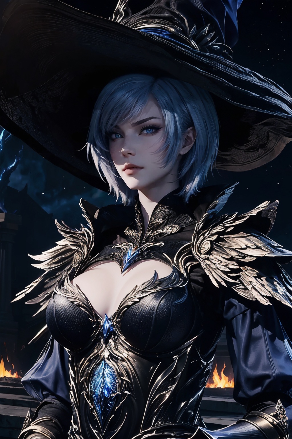 1girl,solo,(hat,hair ornament),jewelry,cleavage cutout,detached collar,dress,armor,looking at viewer,outdoors,(night sky),(((dark magic))),(((dark fire))),upper body,depth of field,Highly detailed,(best quality:1.5,masterpiece:1.5),<lora:20250110-1736495644652-000010:0.85>,fl,