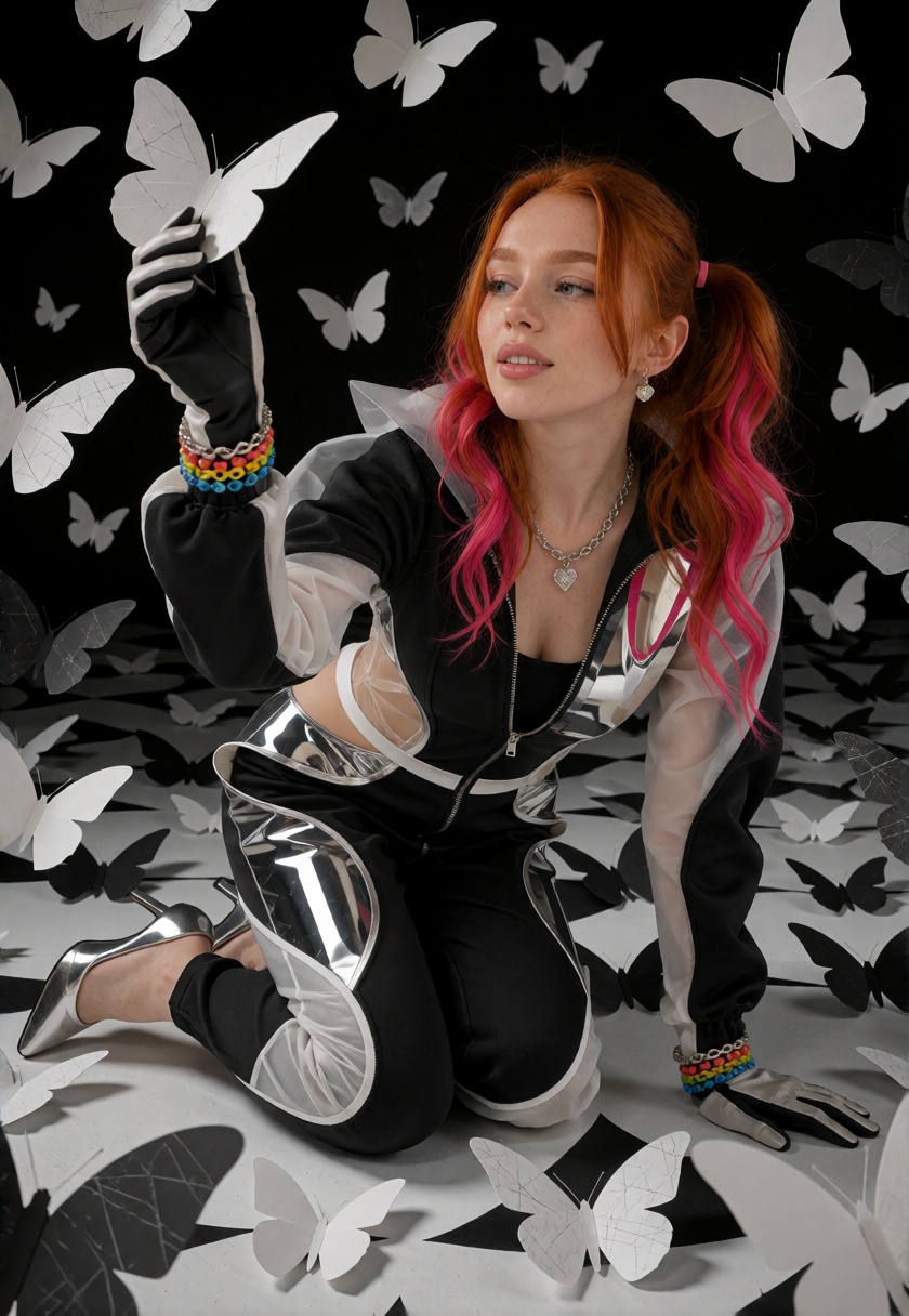 RoseX,  blue-green eyes,  auburn-red hair styled in twin pigtails on Tensor.Art