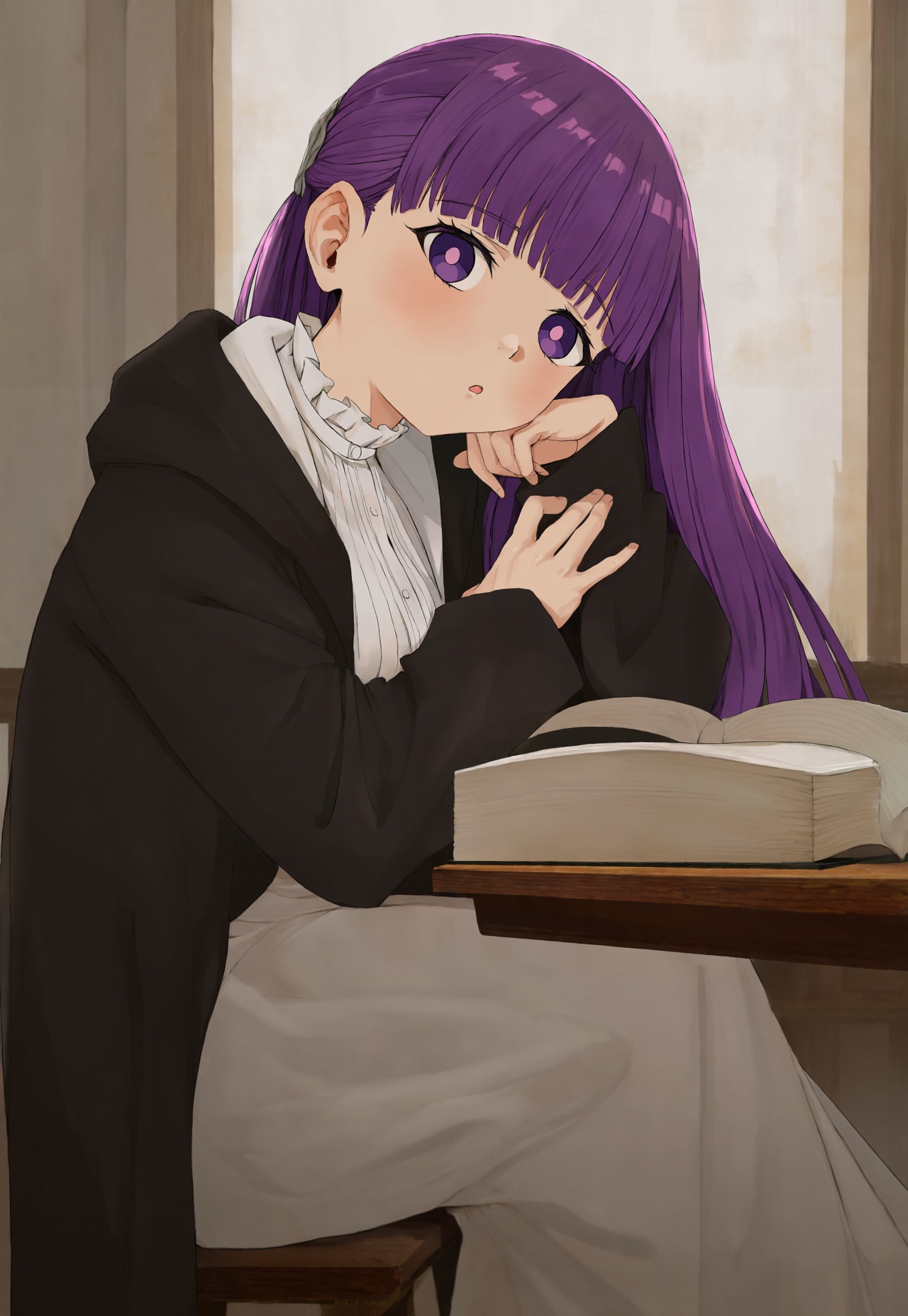 1girl,  fern \(sousou no frieren\),  sitting at desk on Tensor.Art